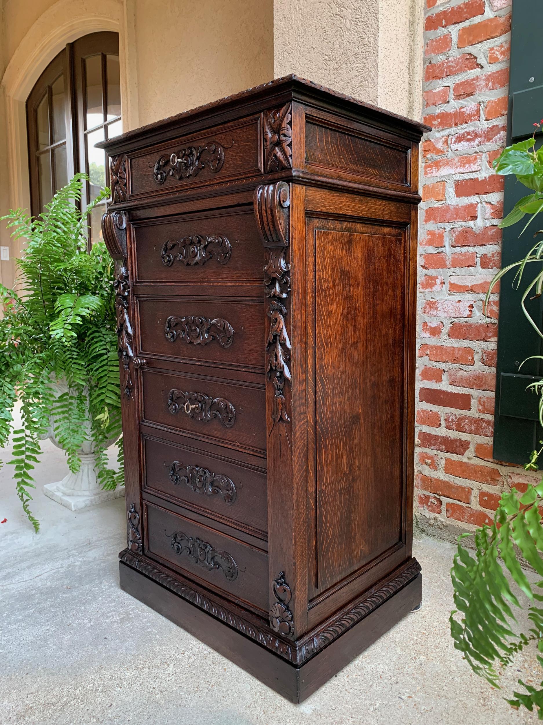 French Provincial 19th century French  Tall Cabinet Faux Chest of Drawers Louis XIV Carved Oak For Sale