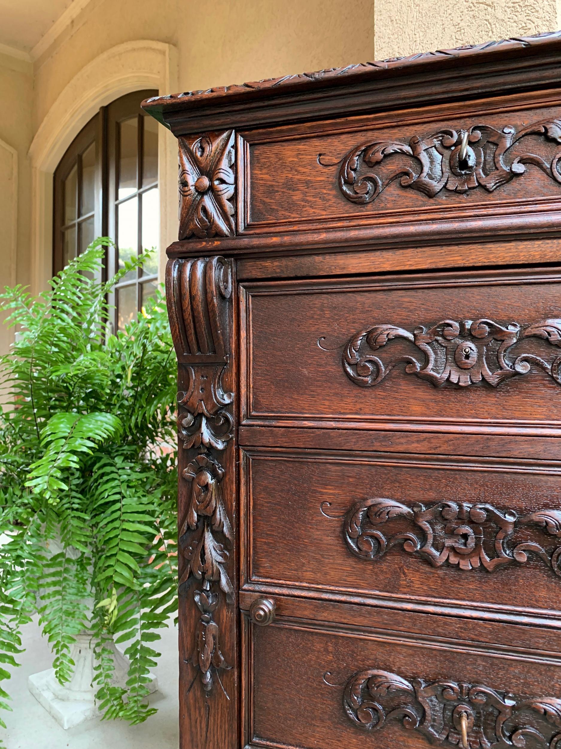 19th century French  Tall Cabinet Faux Chest of Drawers Louis XIV Carved Oak In Good Condition For Sale In Shreveport, LA