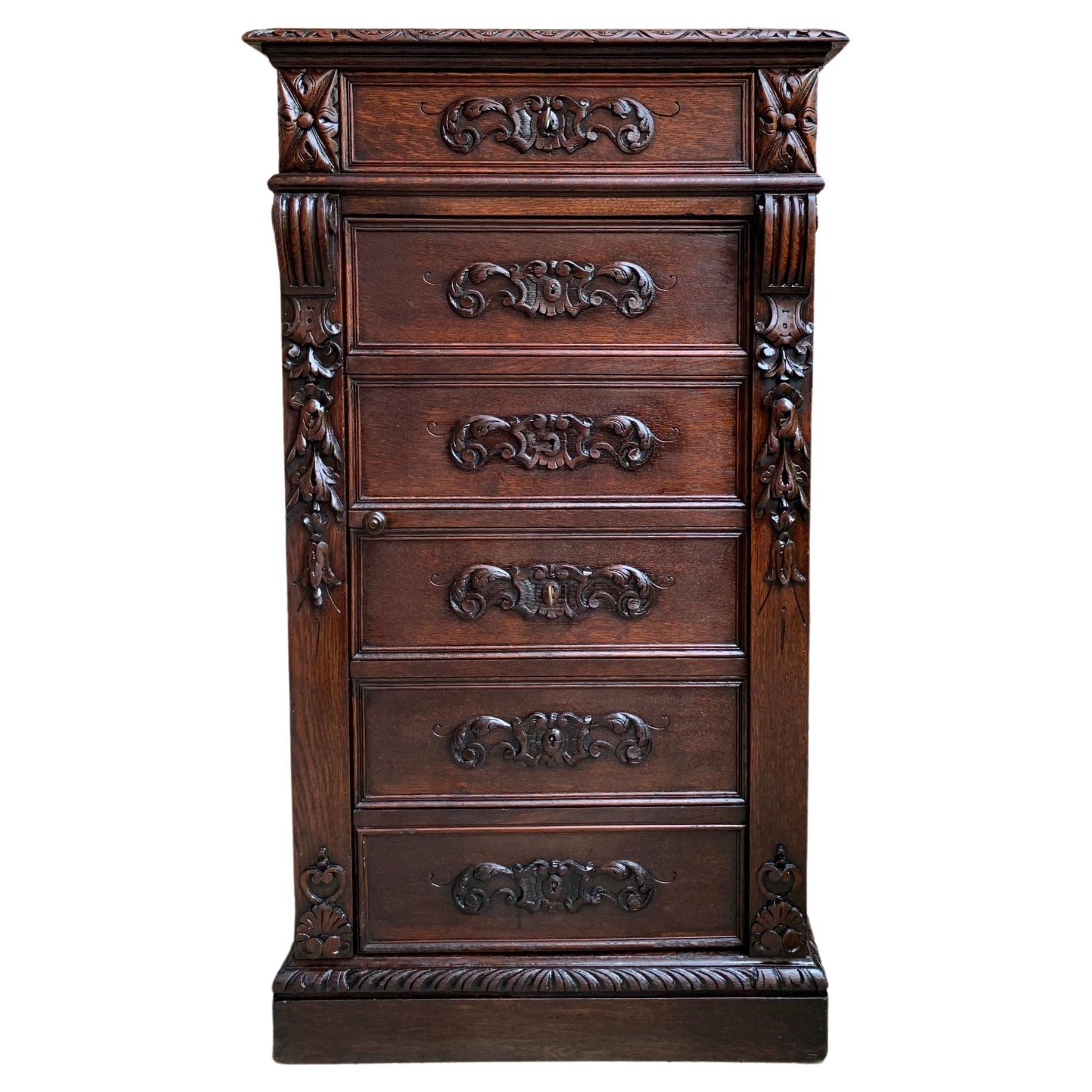 19th century French  Tall Cabinet Faux Chest of Drawers Louis XIV Carved Oak For Sale