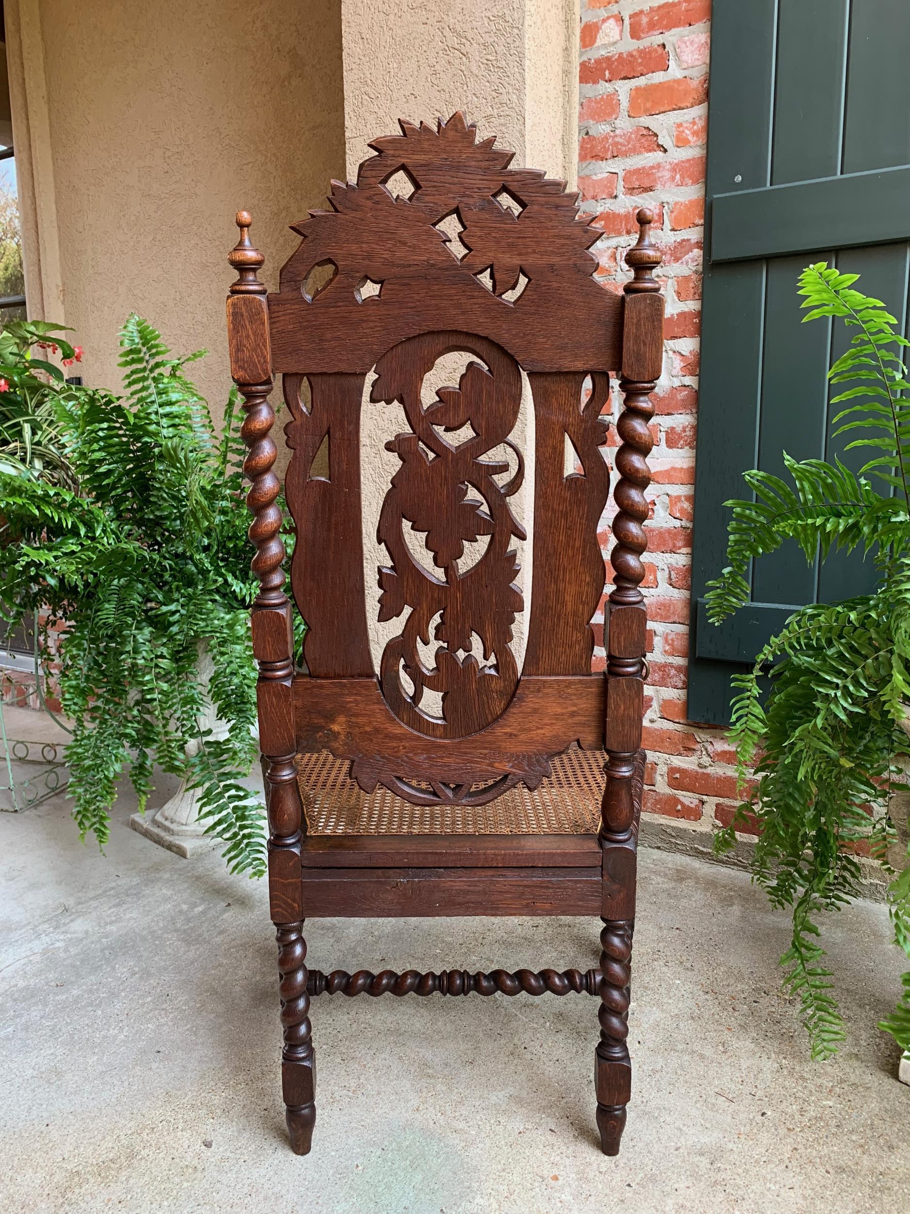 Antique French Carved Oak Throne Arm Chair Barley Twist Renaissance Louis XIII 6