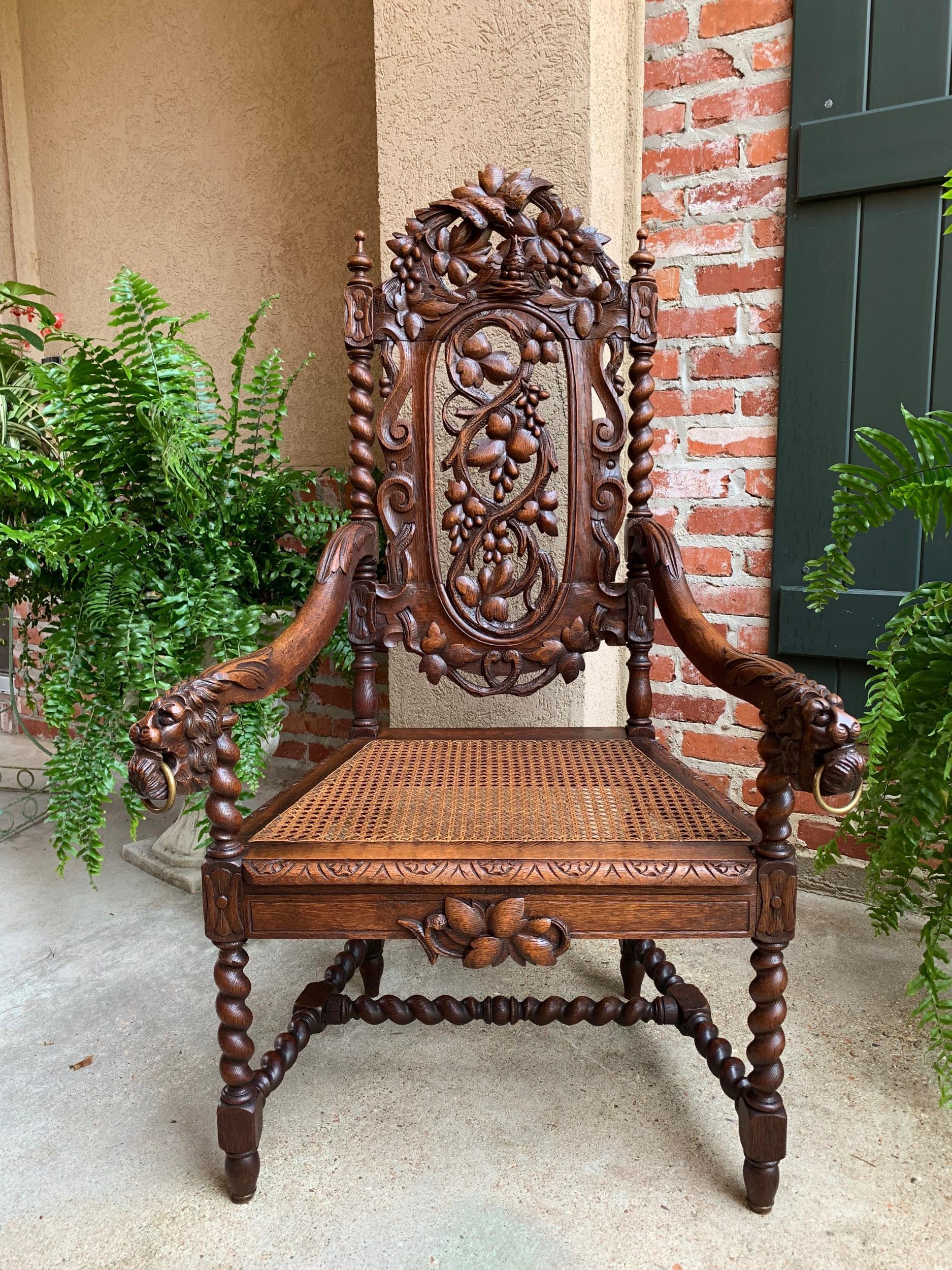 Antique French Carved Oak Throne Arm Chair Barley Twist Renaissance Louis XIII 7