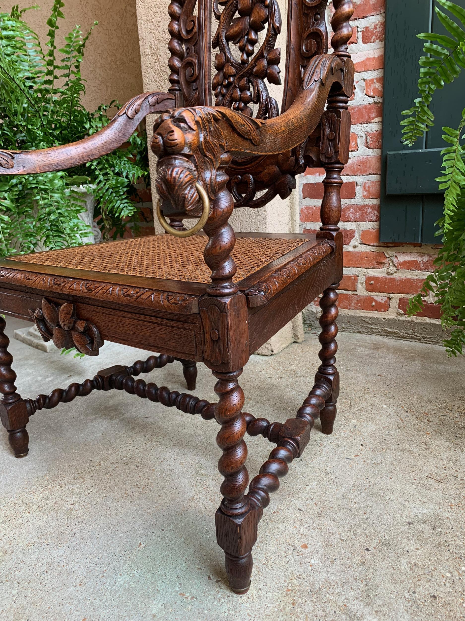 Antique French Carved Oak Throne Arm Chair Barley Twist Renaissance Louis XIII 10