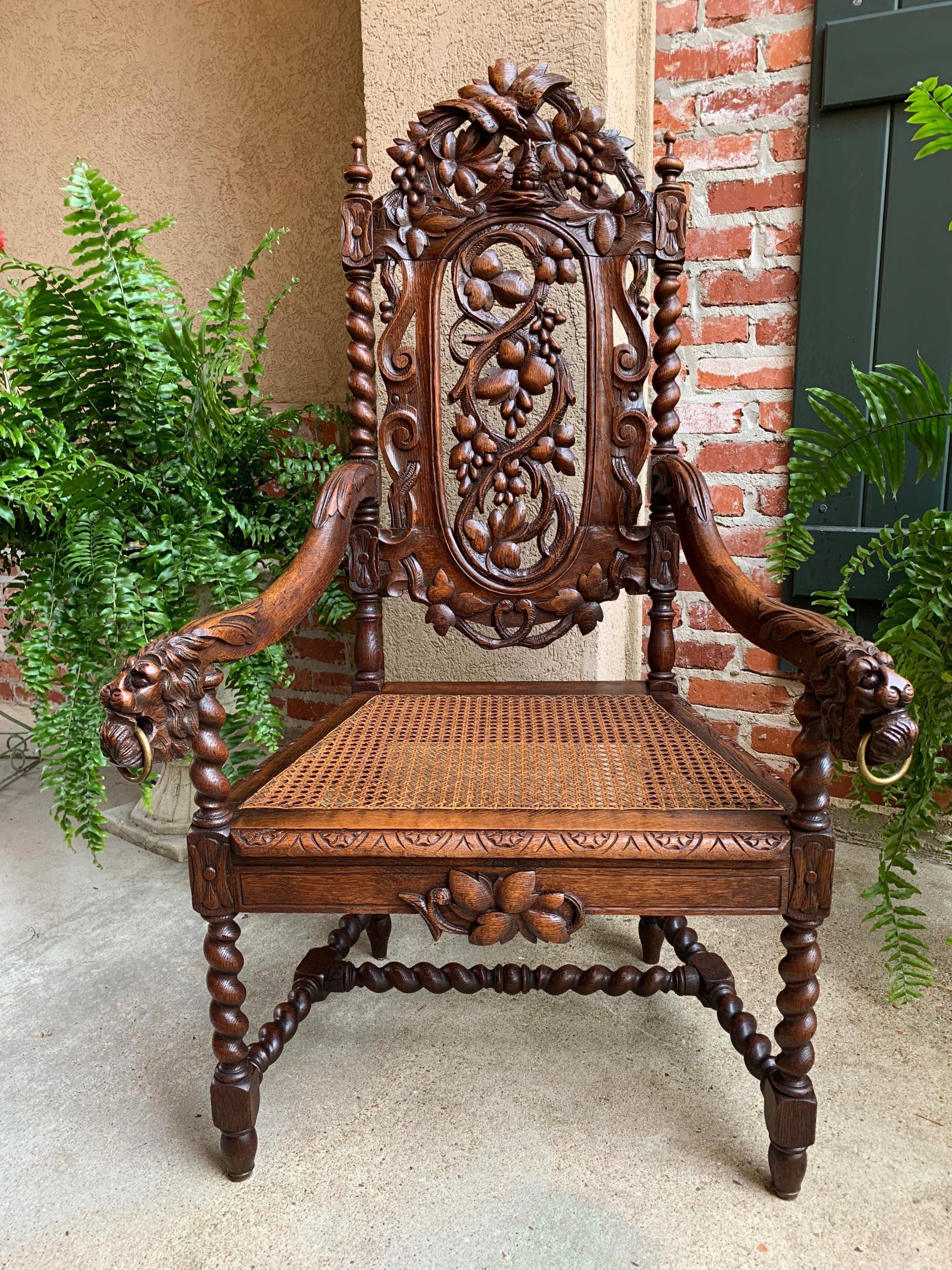 Antique French Carved Oak Throne Arm Chair Barley Twist Renaissance Louis XIII

~Direct from France~
~Large antique French carved oak “throne” arm chair, with stunning carved features~
~High carved upper crown features a dimensional carved