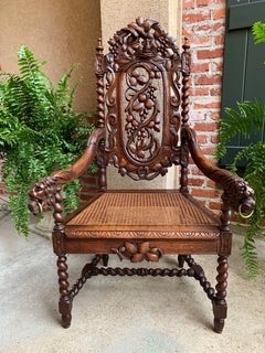 Antique French Carved Oak Throne Arm Chair Barley Twist Renaissance Louis XIII
