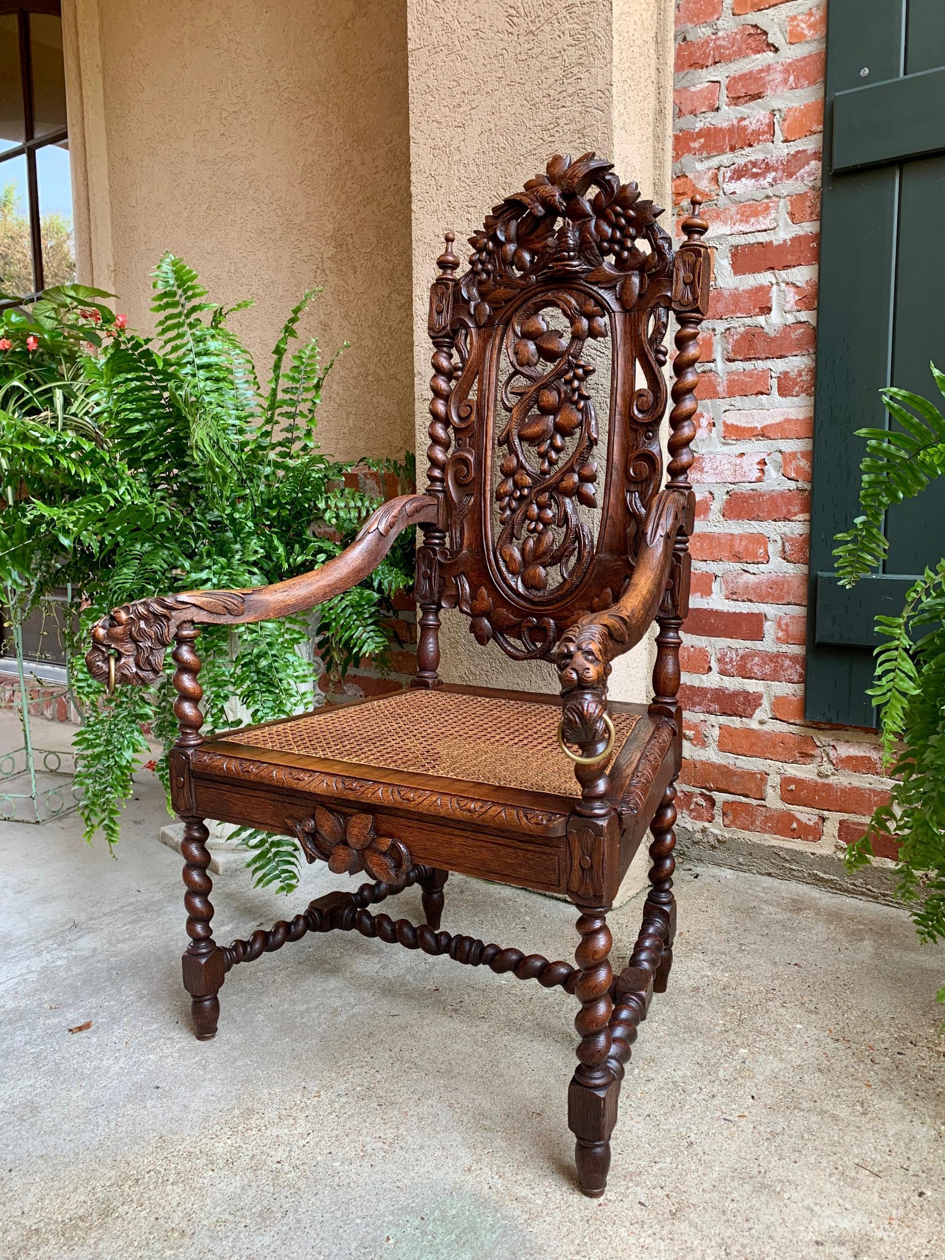Caning Antique French Carved Oak Throne Arm Chair Barley Twist Renaissance Louis XIII