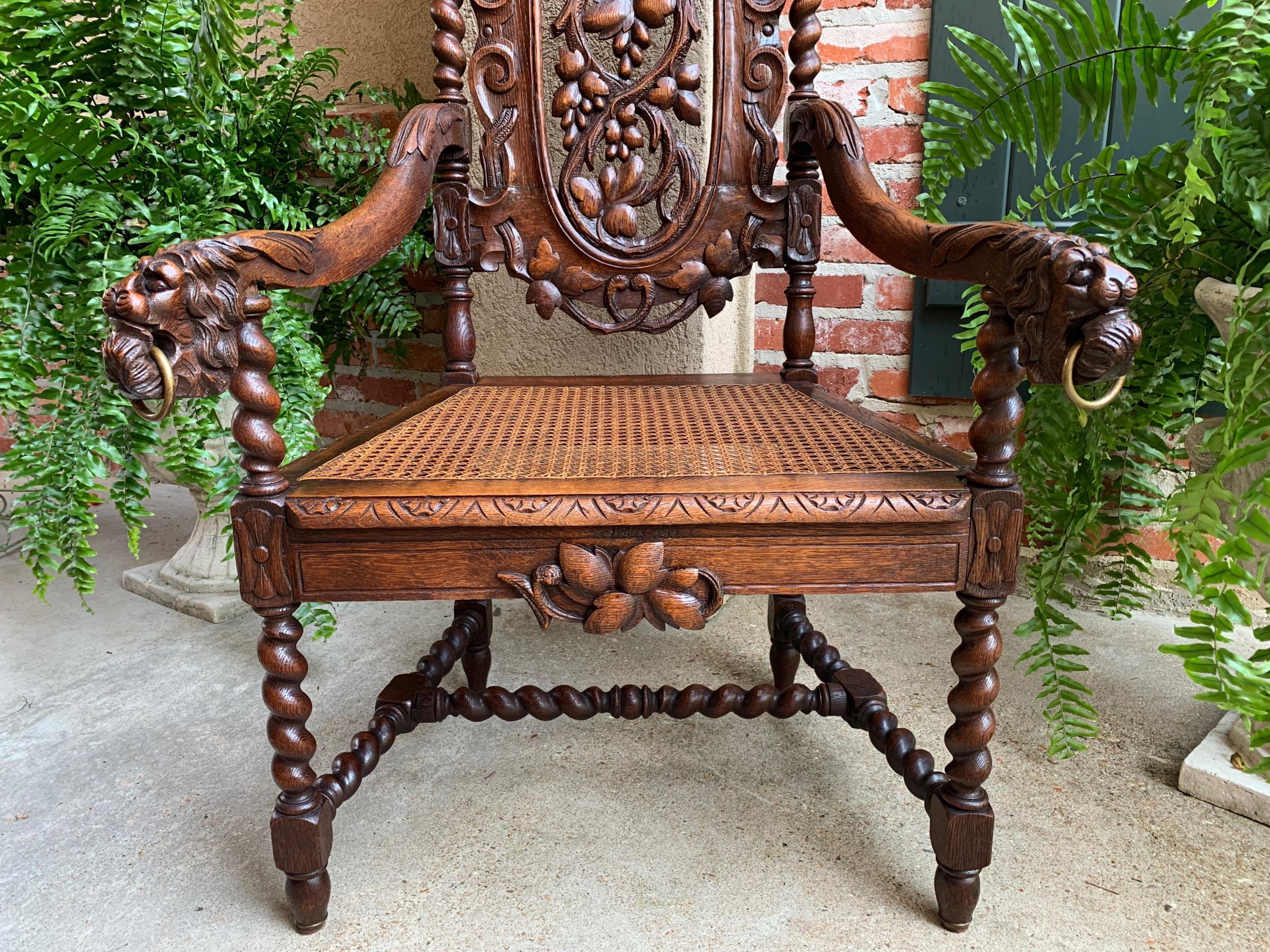 Brass Antique French Carved Oak Throne Arm Chair Barley Twist Renaissance Louis XIII