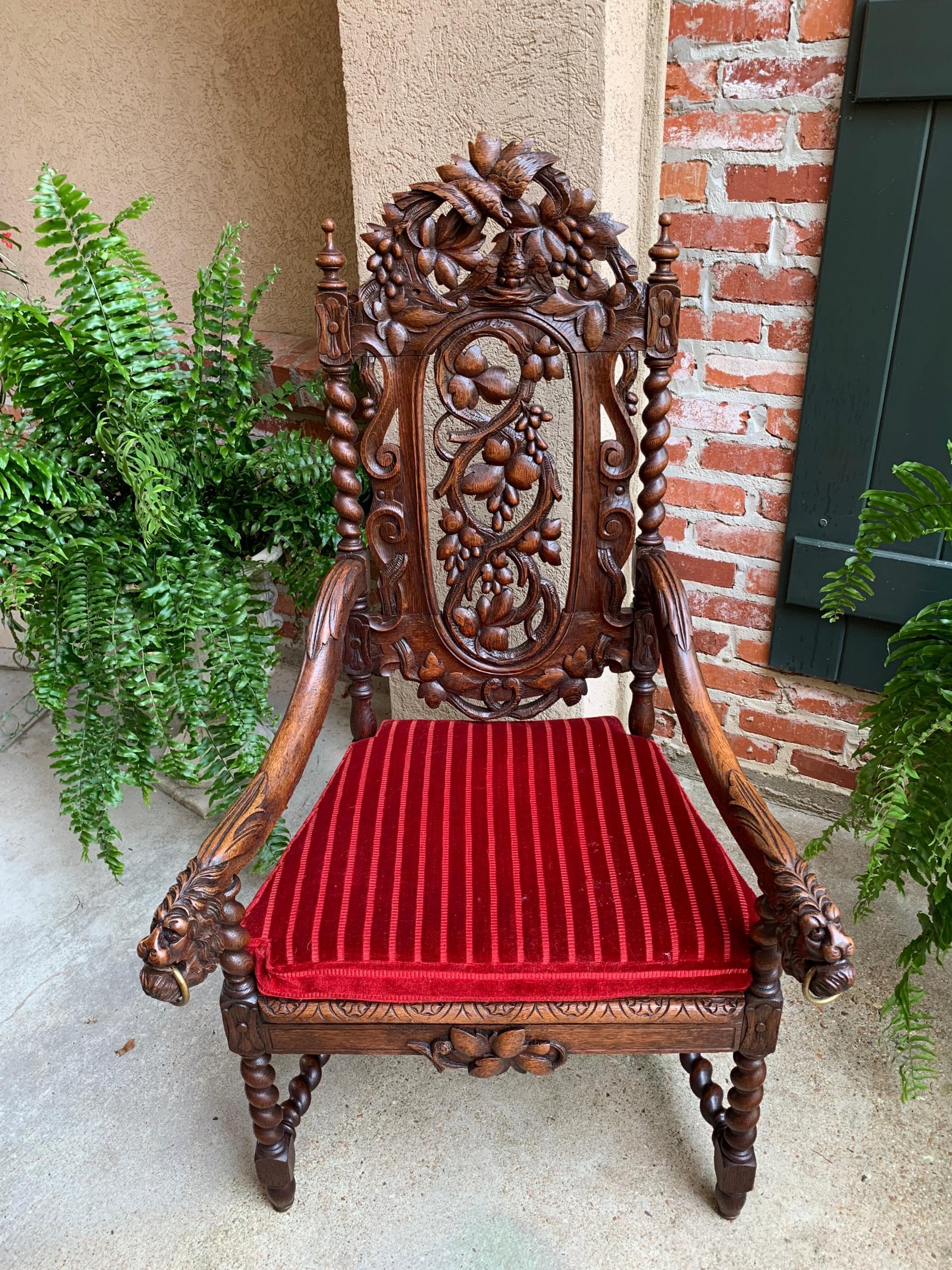 Antique French Carved Oak Throne Arm Chair Barley Twist Renaissance Louis XIII 3