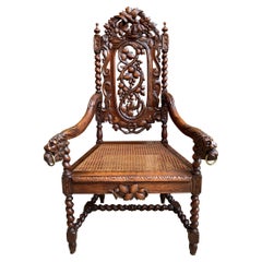 Antique French Carved Oak Throne Arm Chair Barley Twist Renaissance Louis XIII