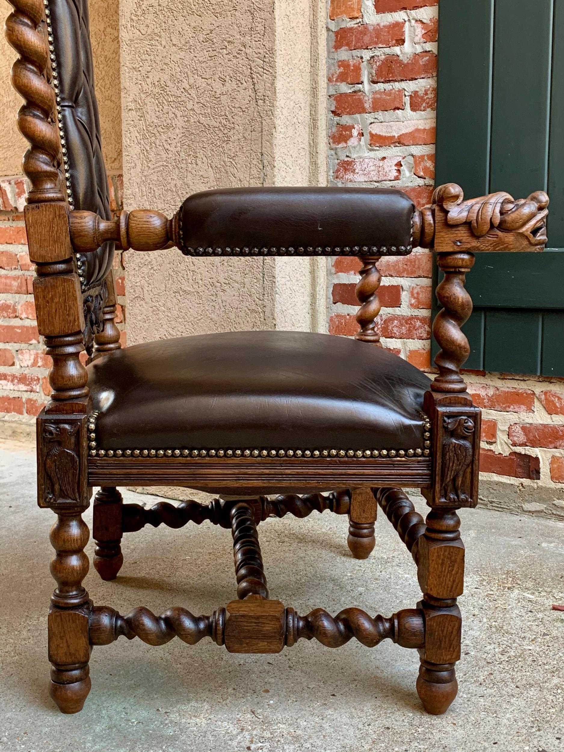 Antique French Carved Oak Throne Armchair Barley Twist Renaissance Louis XIV 1