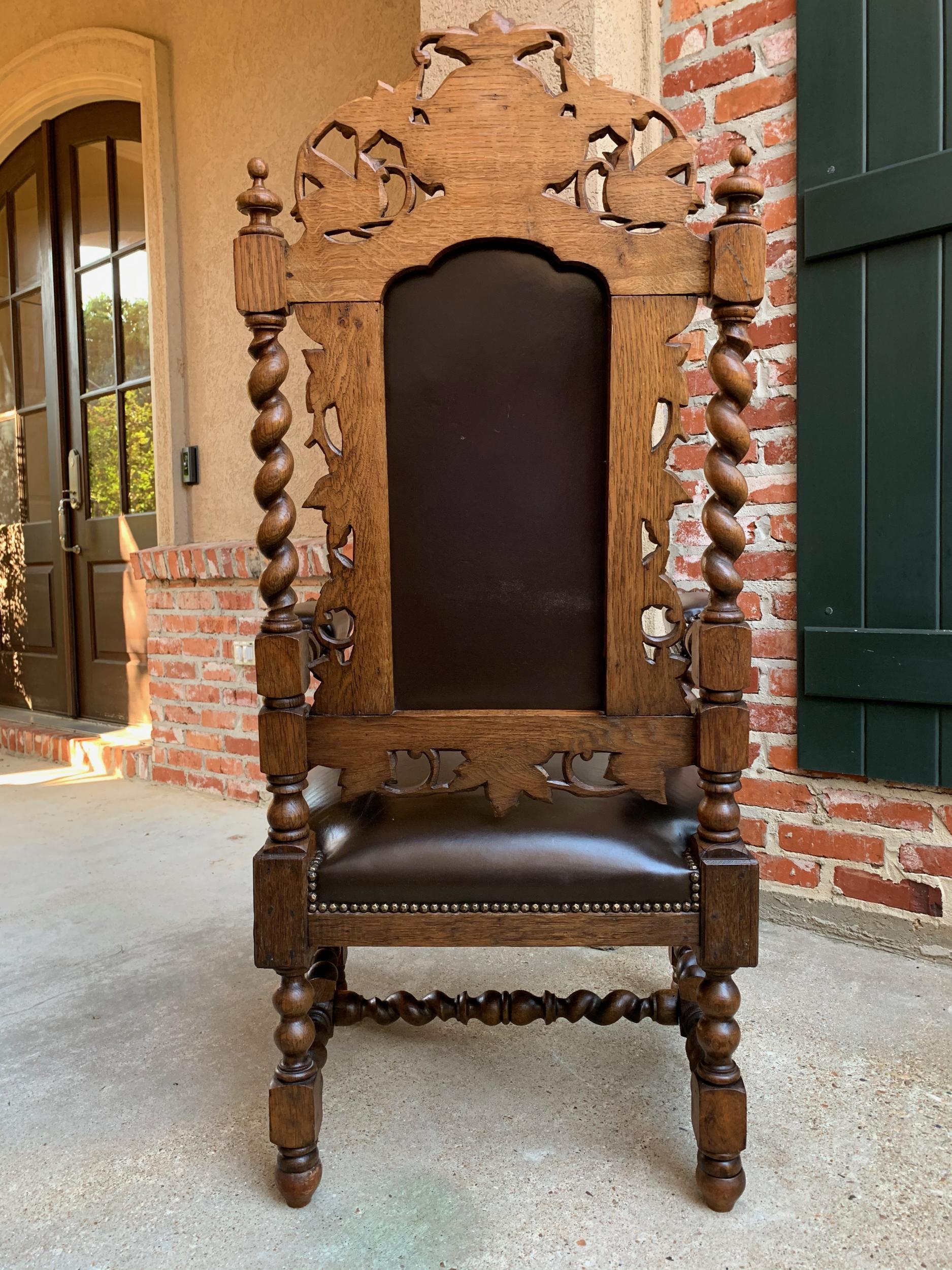 Antique French Carved Oak Throne Armchair Barley Twist Renaissance Louis XIV 3