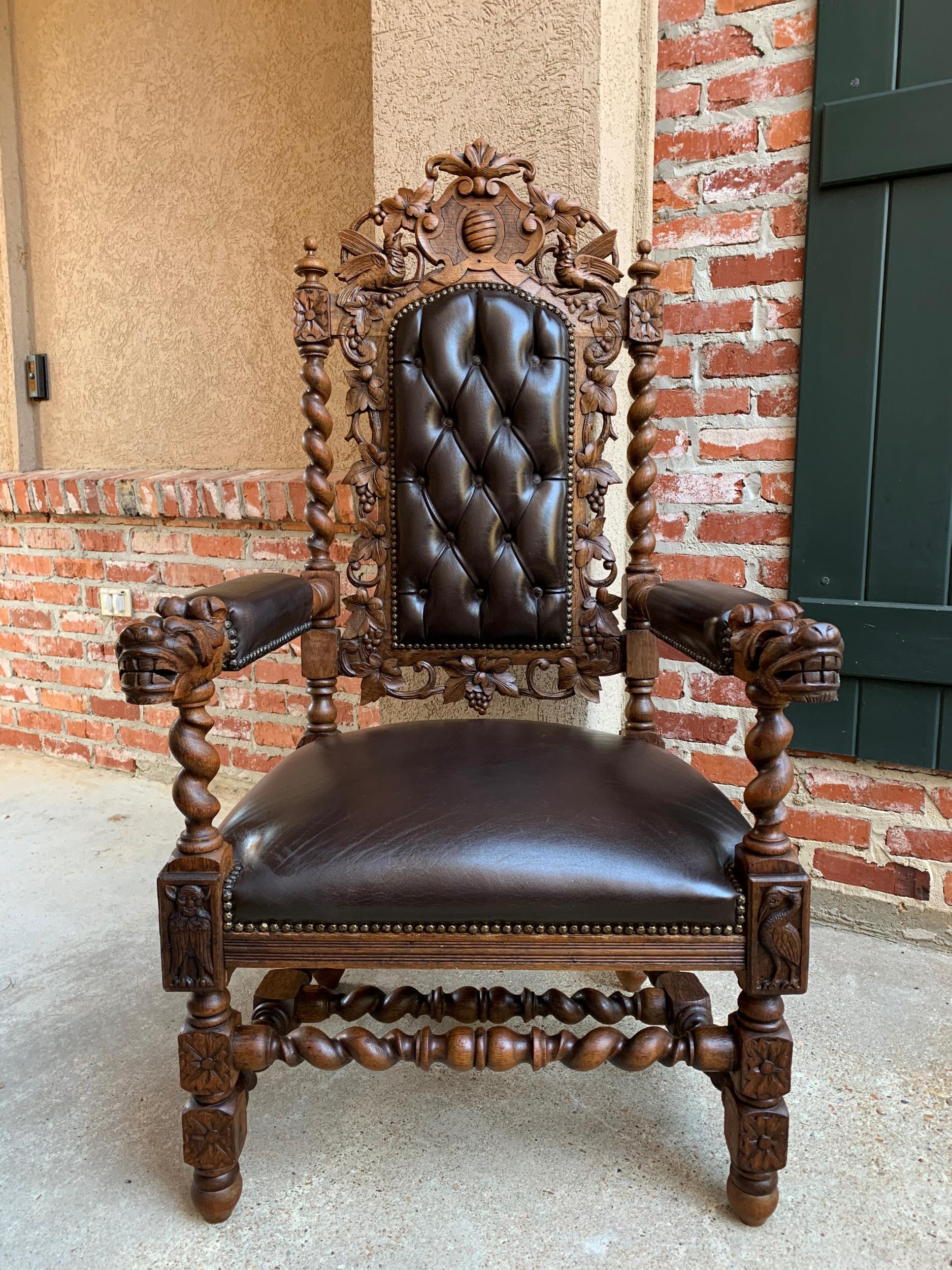 Antique French Carved Oak Throne Armchair Barley Twist Renaissance Louis XIV 5