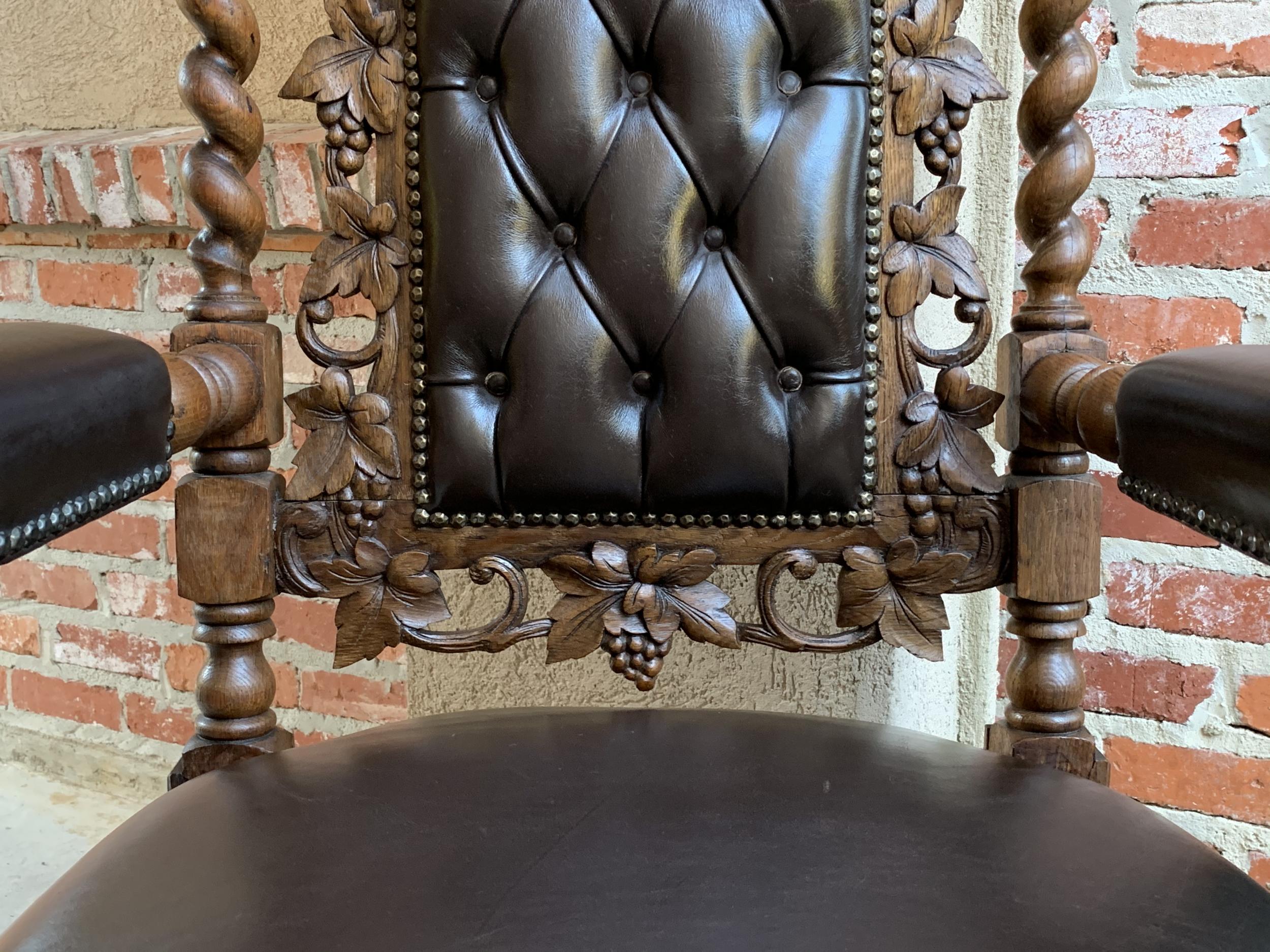 Antique French Carved Oak Throne Armchair Barley Twist Renaissance Louis XIV 7