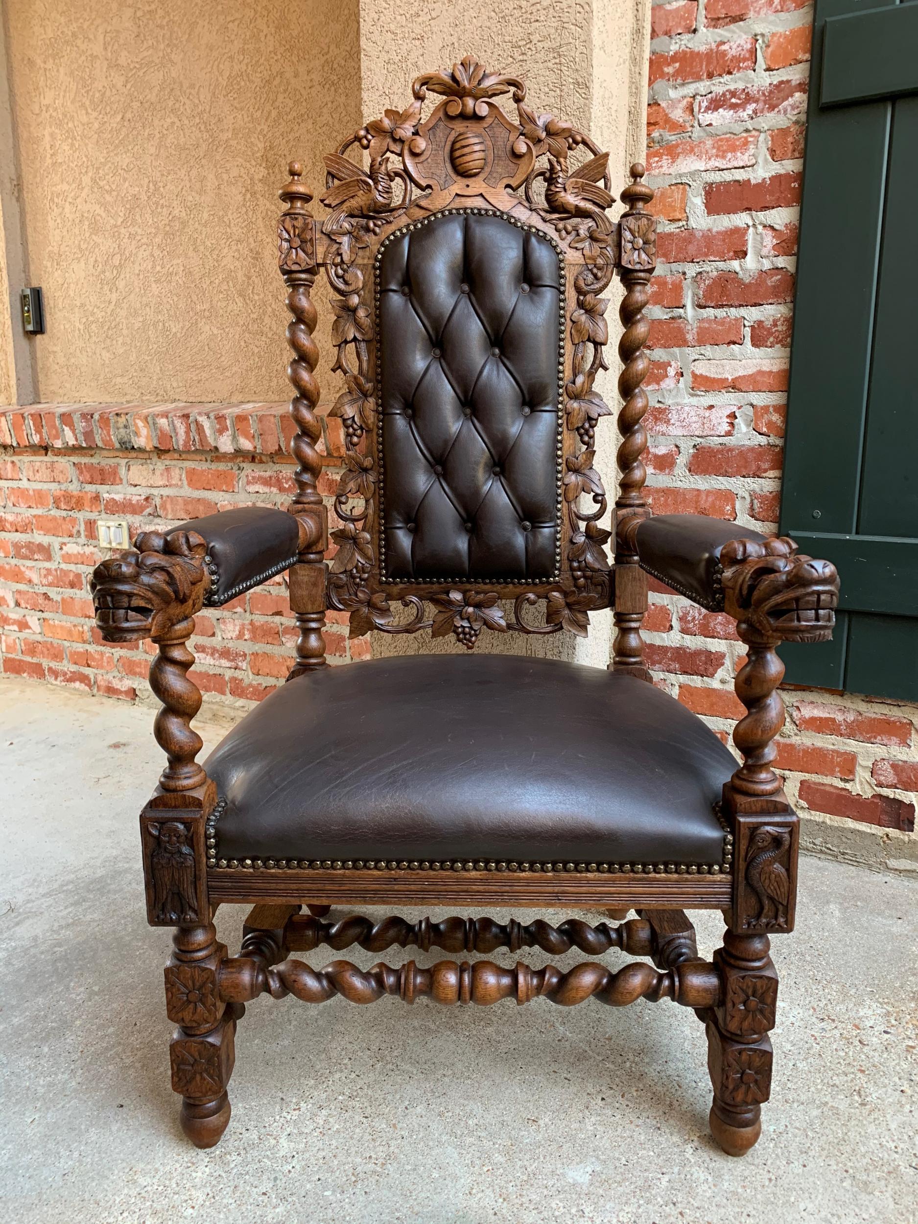 Antique French carved oak throne armchair barley twist Renaissance Louis XIV

~Direct from France~
~Large antique French carved oak fireside or armchair or fauteuil, with stunning features!~
~High carved upper crown features a center carved