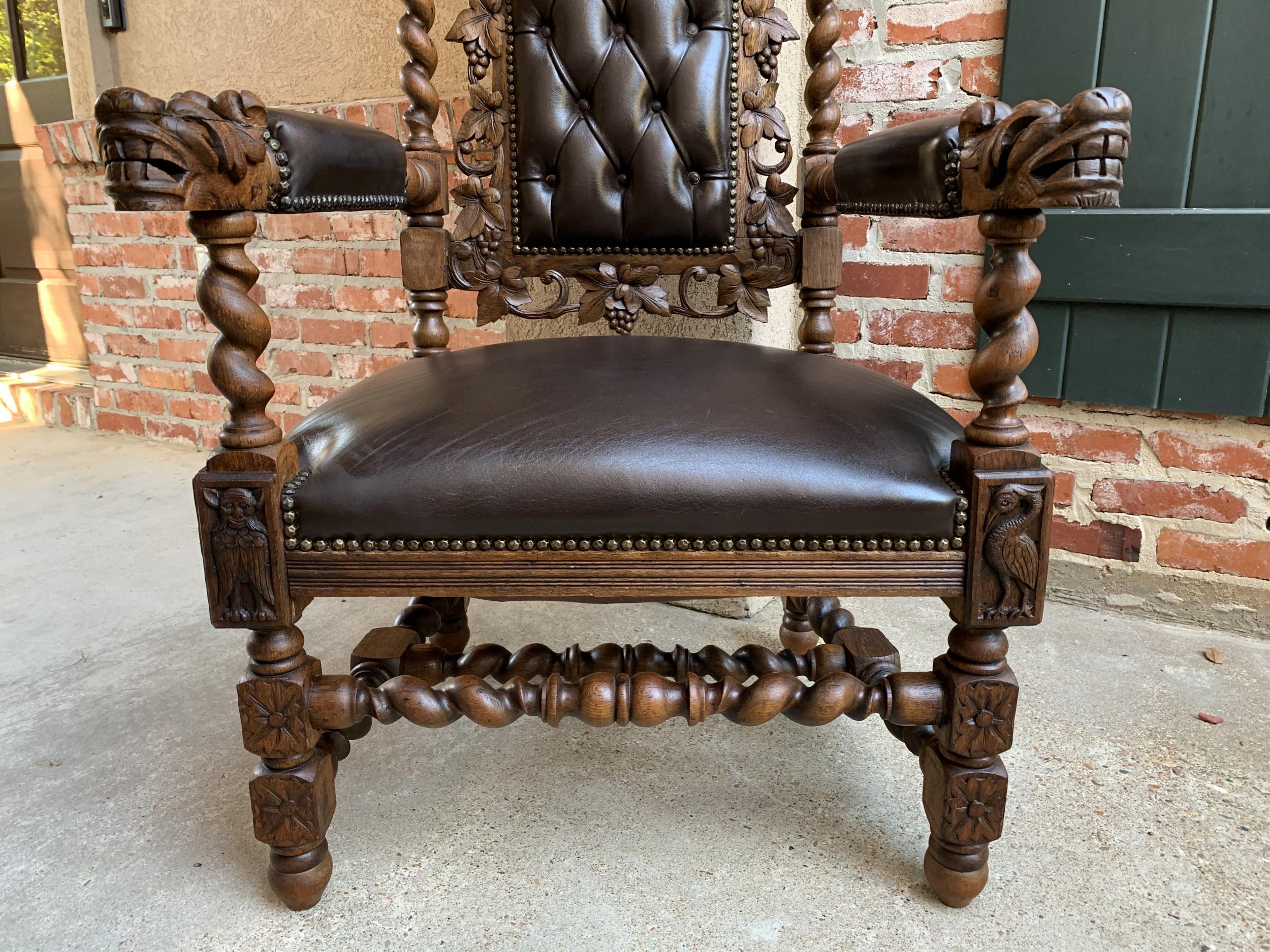 Hand-Carved Antique French Carved Oak Throne Armchair Barley Twist Renaissance Louis XIV