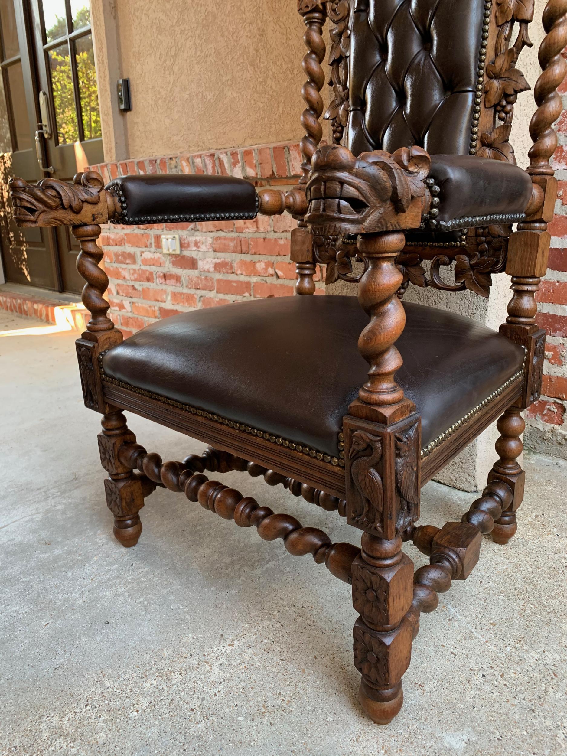 Antique French Carved Oak Throne Armchair Barley Twist Renaissance Louis XIV In Good Condition In Shreveport, LA