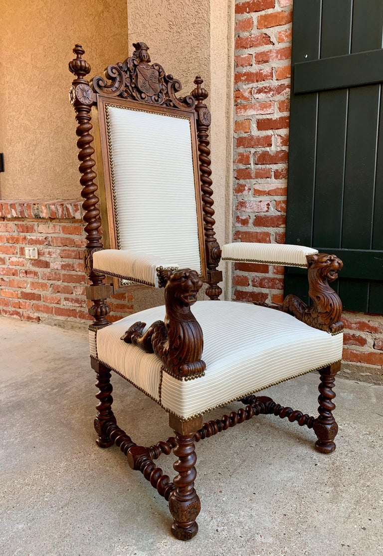 Antique French Carved Oak Throne Armchair Louis XIV Barley Twist