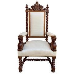 Antique French Carved Oak Throne Armchair Louis XIV Barley Twist Renaissance A