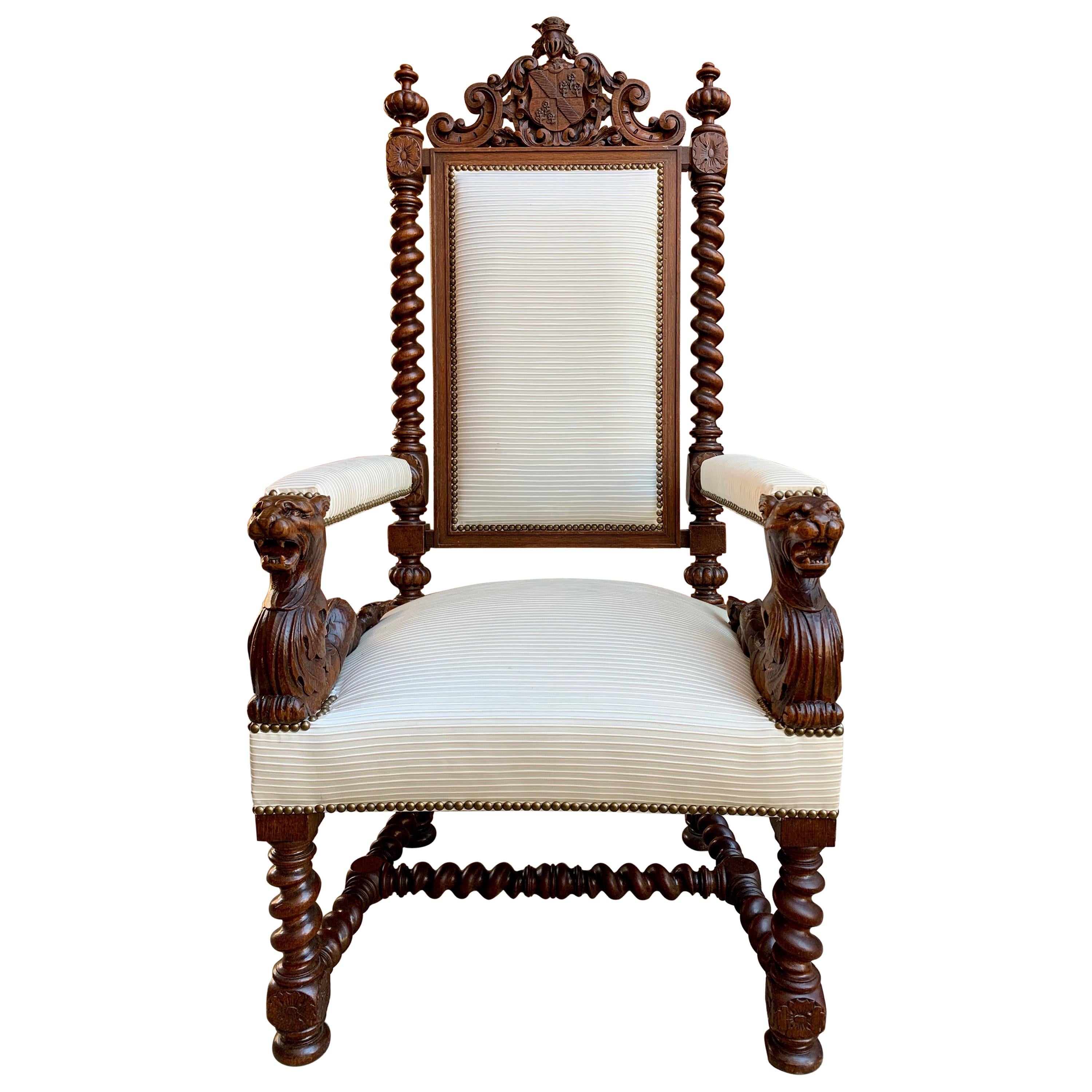 Antique French Carved Oak Throne Armchair Louis XIV Barley Twist Renaissance b