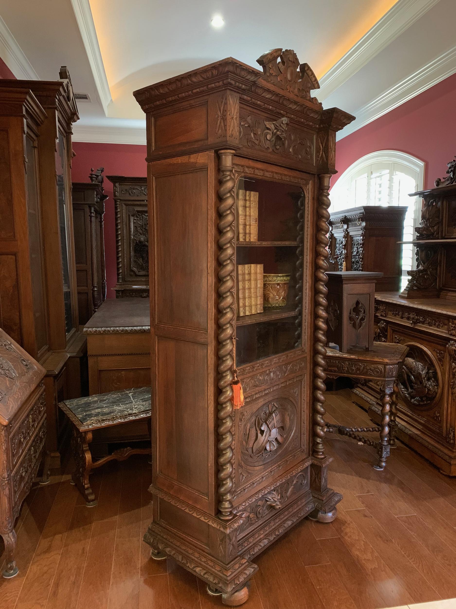 Antique French Carved Oak Vitrine Cabinet Bookcase Barley Twist Renaissance 4