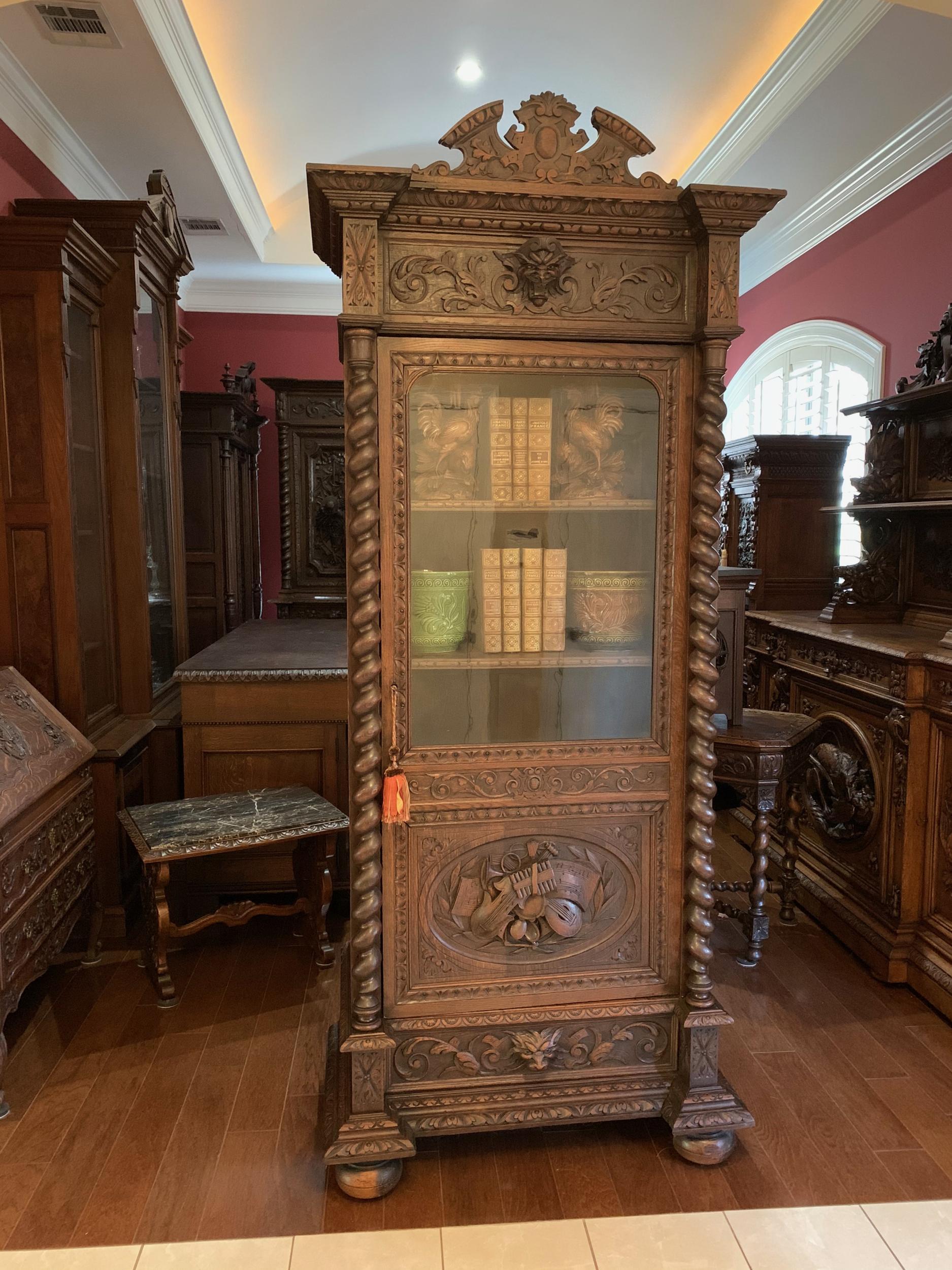 Antique French Carved Oak Vitrine Cabinet Bookcase Barley Twist Renaissance 7