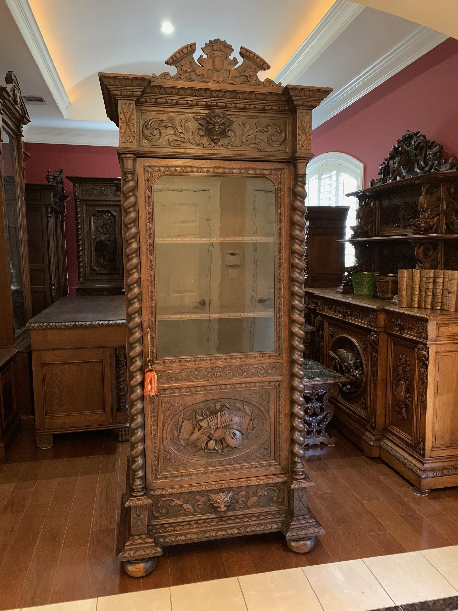 Antique French Carved Oak Vitrine Cabinet Bookcase Barley Twist Renaissance 8