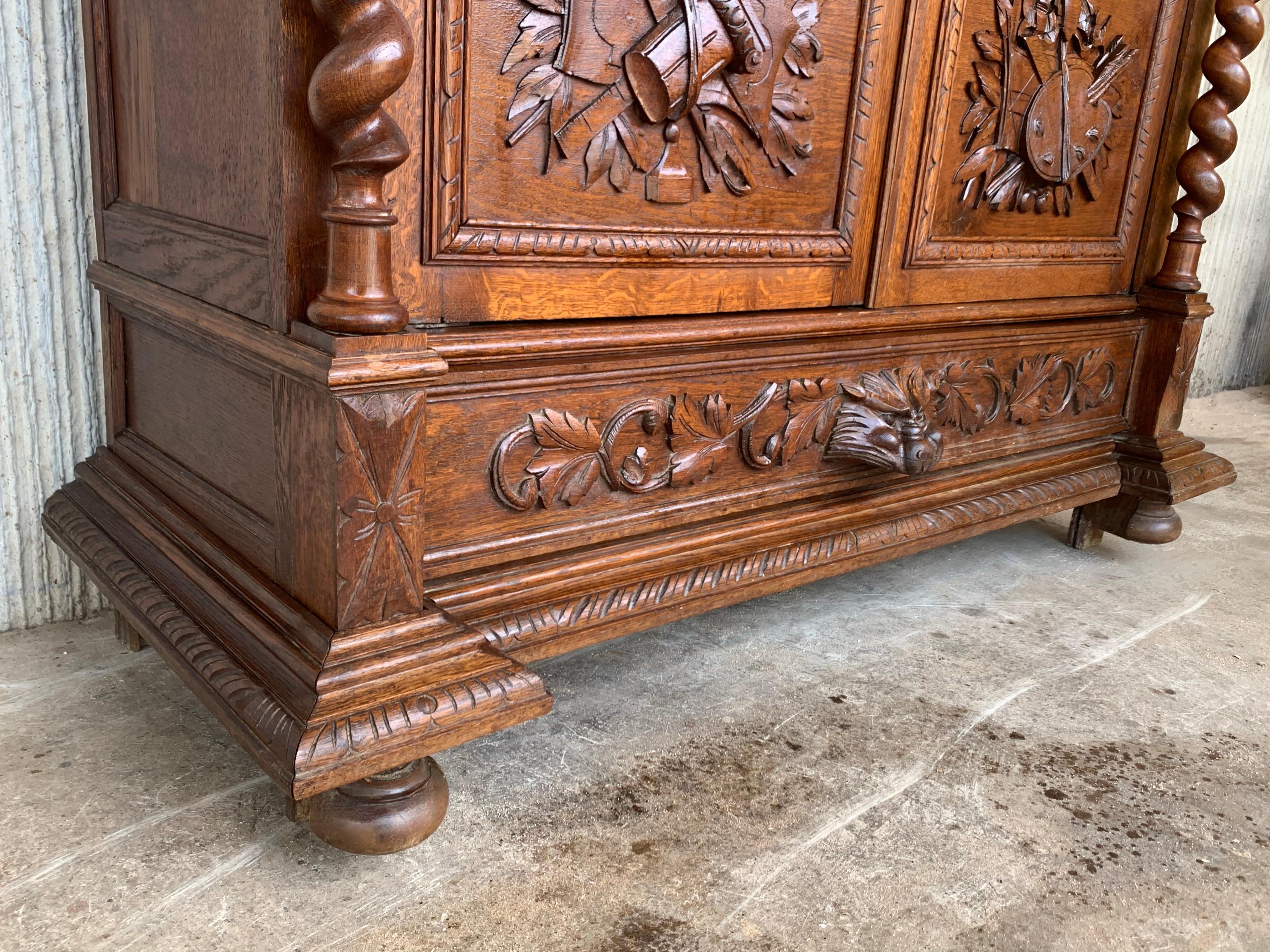 Antique French Carved Oak Vitrine Cabinet Bookcase Barley Twist Renaissance For Sale 8