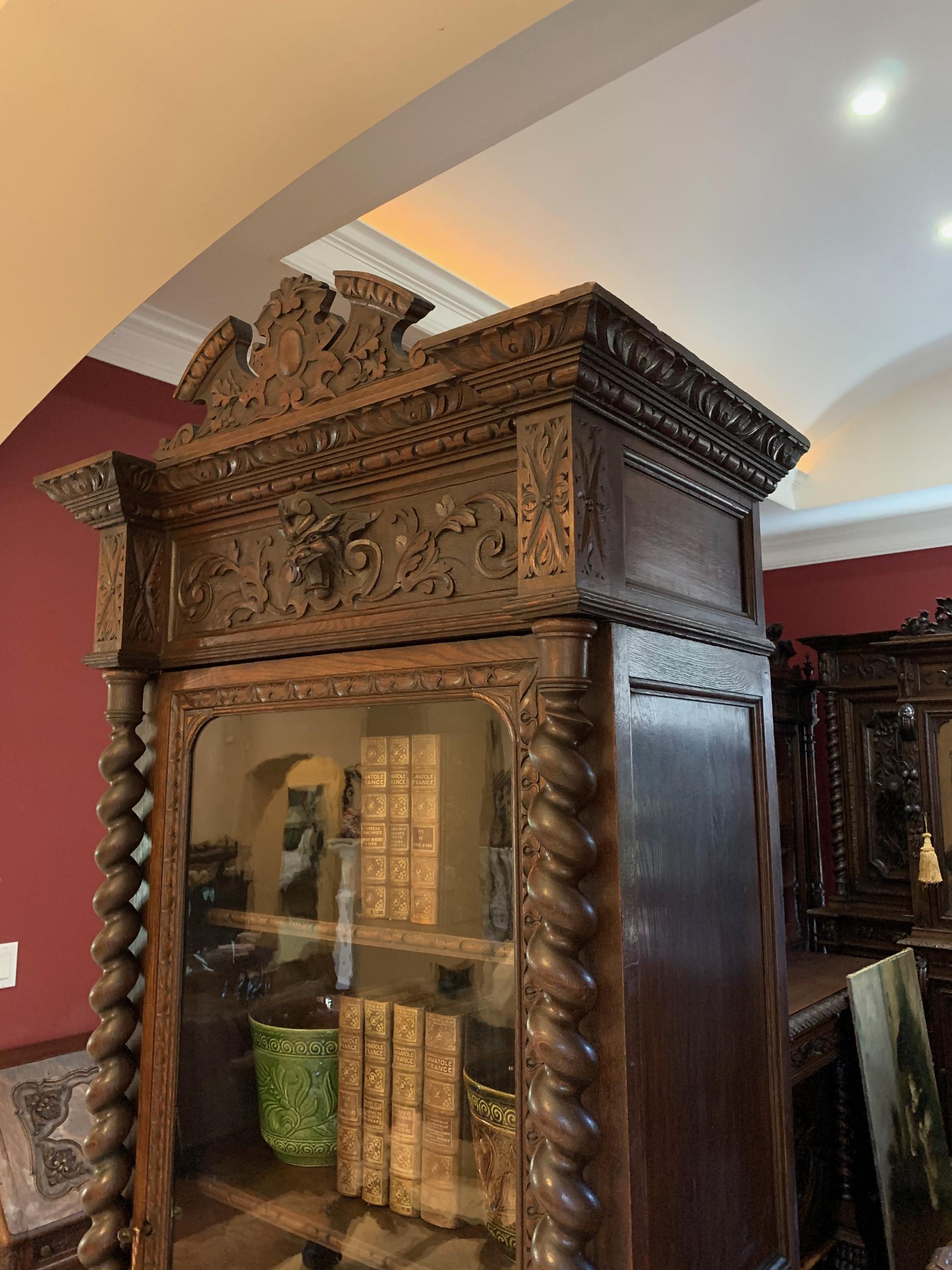 Antique French Carved Oak Vitrine Cabinet Bookcase Barley Twist Renaissance 10