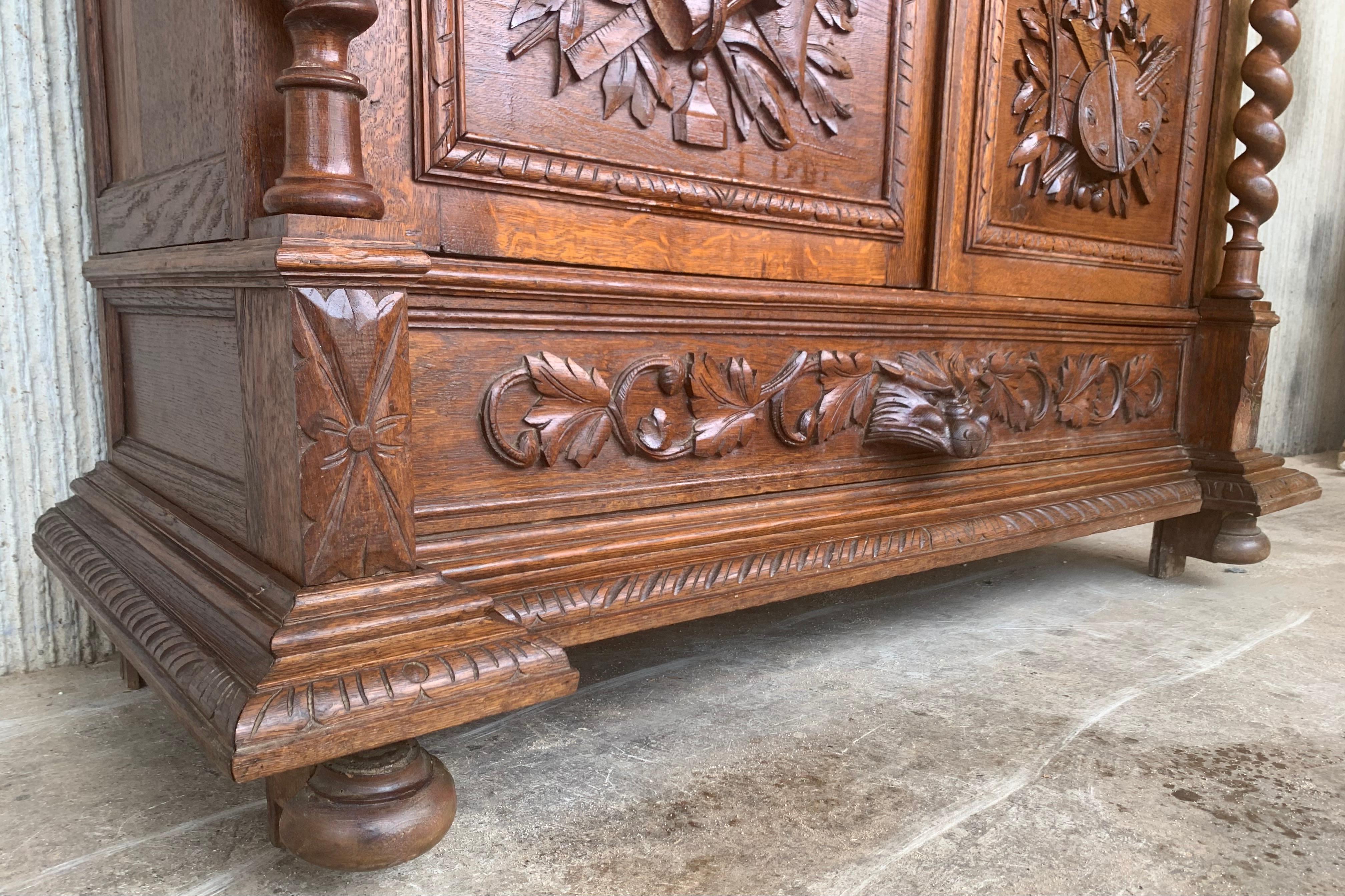 Antique French Carved Oak Vitrine Cabinet Bookcase Barley Twist Renaissance For Sale 10