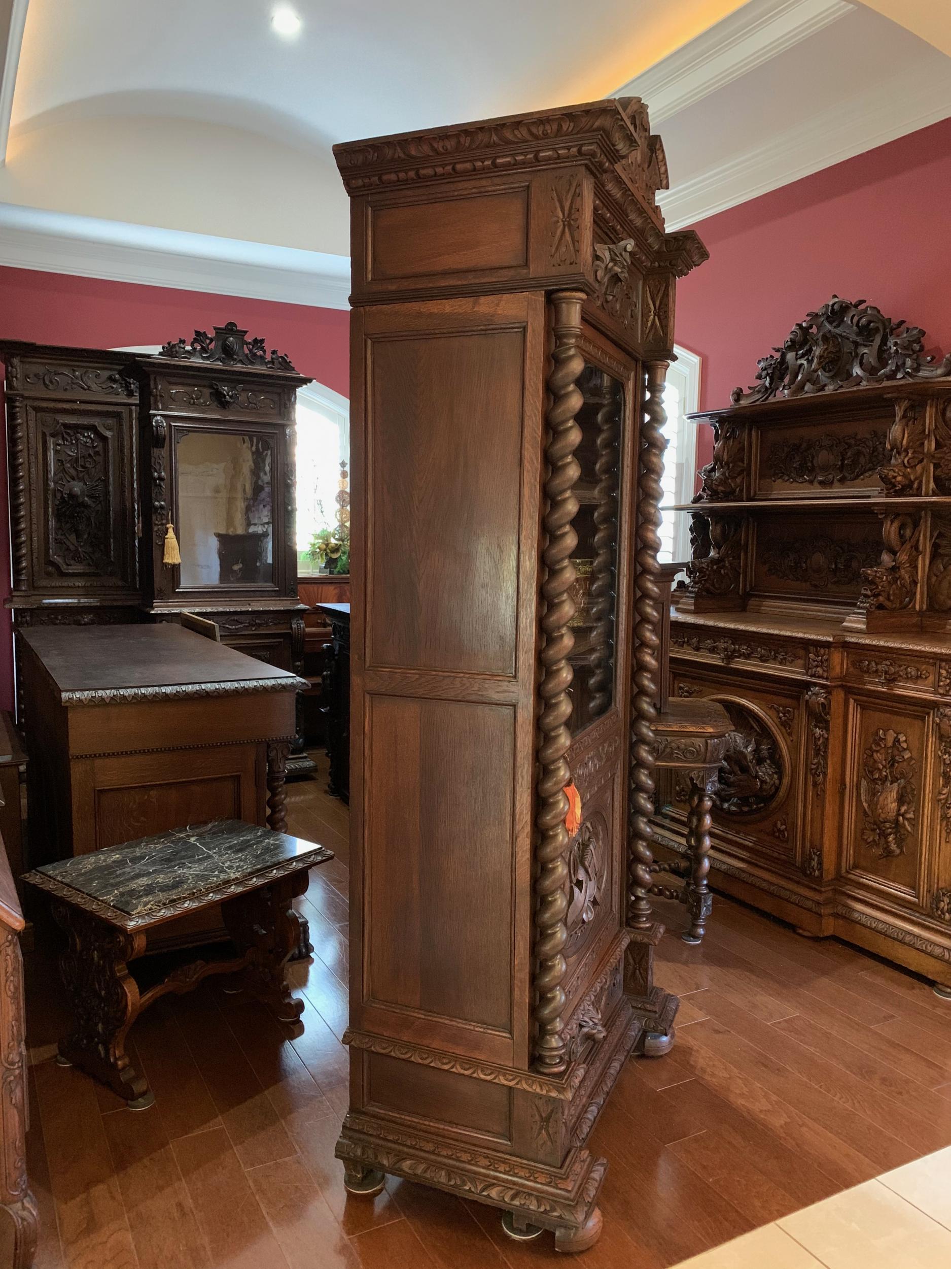 Antique French Carved Oak Vitrine Cabinet Bookcase Barley Twist Renaissance 13