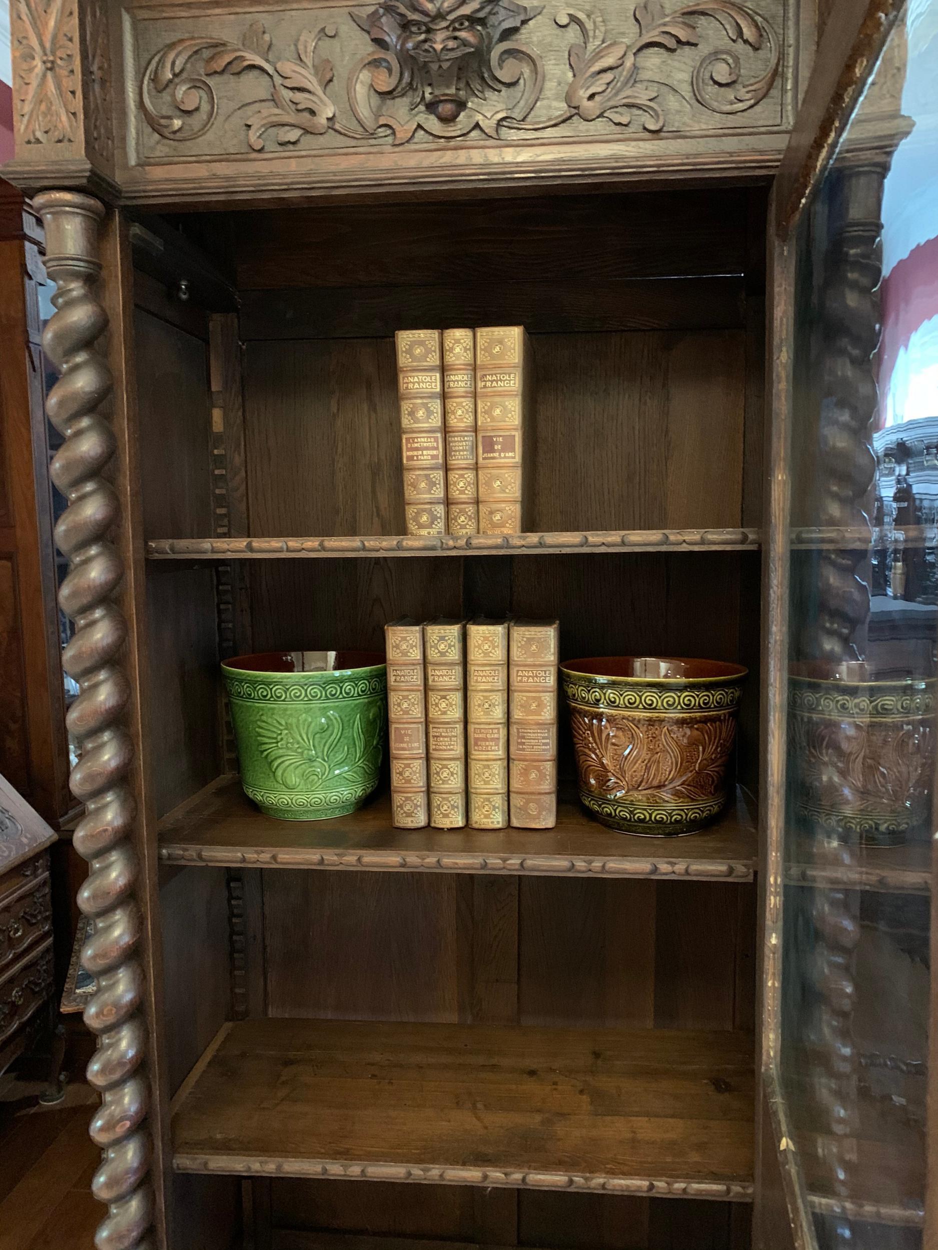 Antique French Carved Oak Vitrine Cabinet Bookcase Barley Twist Renaissance 14