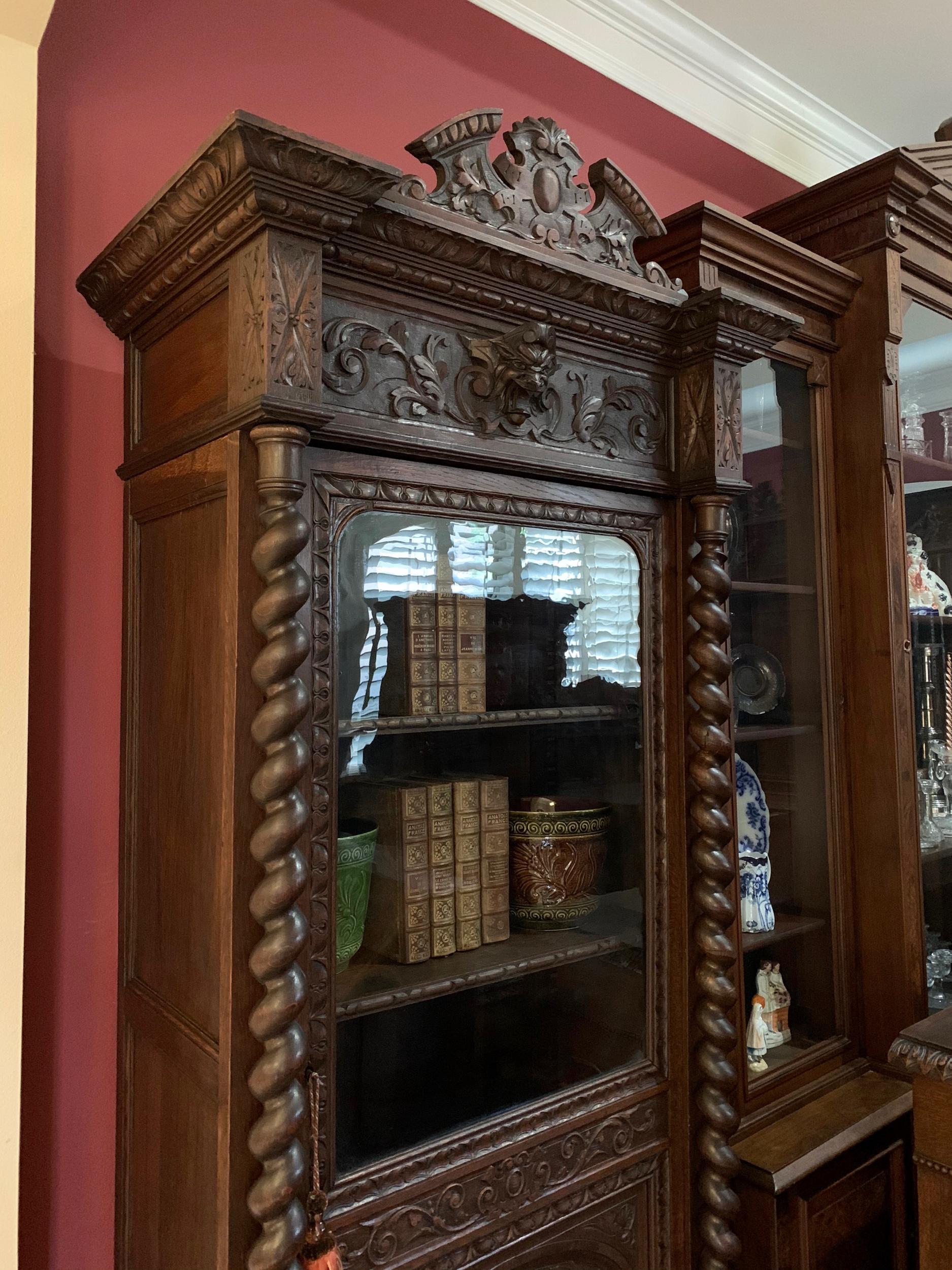 Hand-Carved Antique French Carved Oak Vitrine Cabinet Bookcase Barley Twist Renaissance
