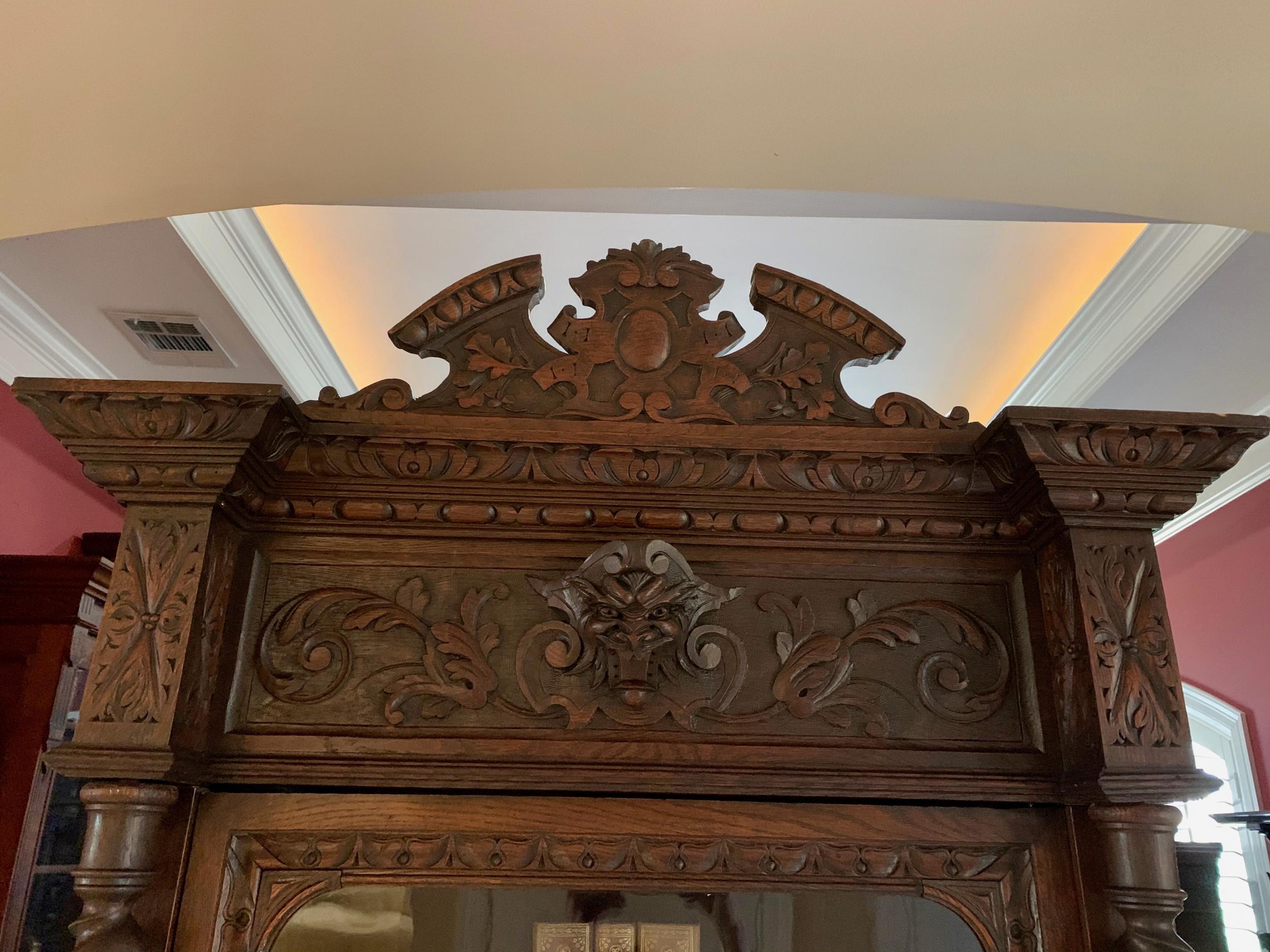 Antique French Carved Oak Vitrine Cabinet Bookcase Barley Twist Renaissance In Good Condition In Shreveport, LA