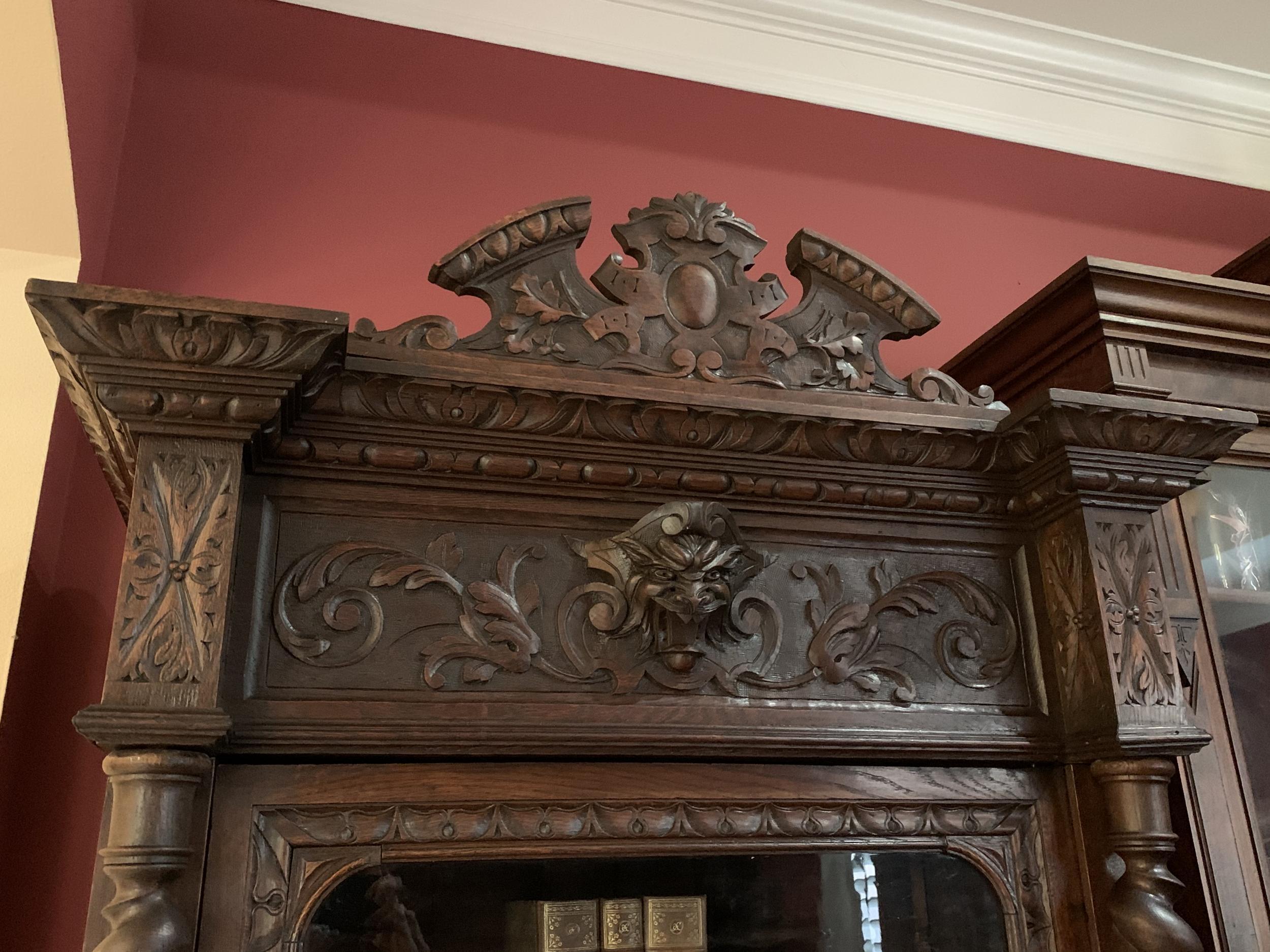 19th Century Antique French Carved Oak Vitrine Cabinet Bookcase Barley Twist Renaissance