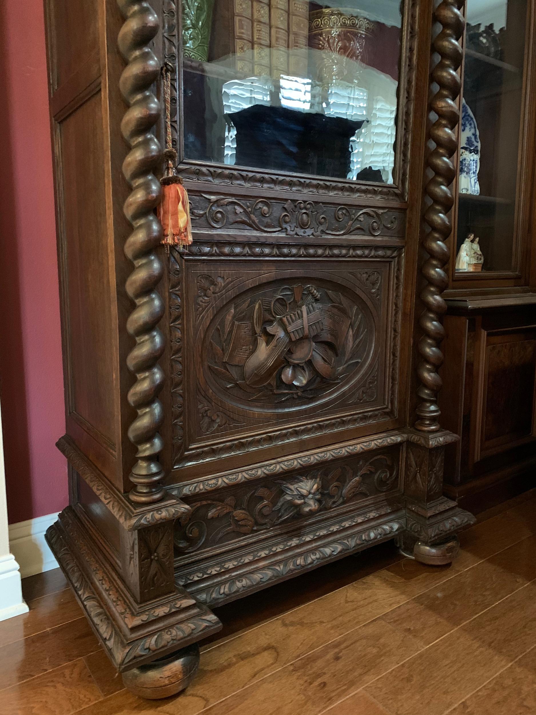 Glass Antique French Carved Oak Vitrine Cabinet Bookcase Barley Twist Renaissance