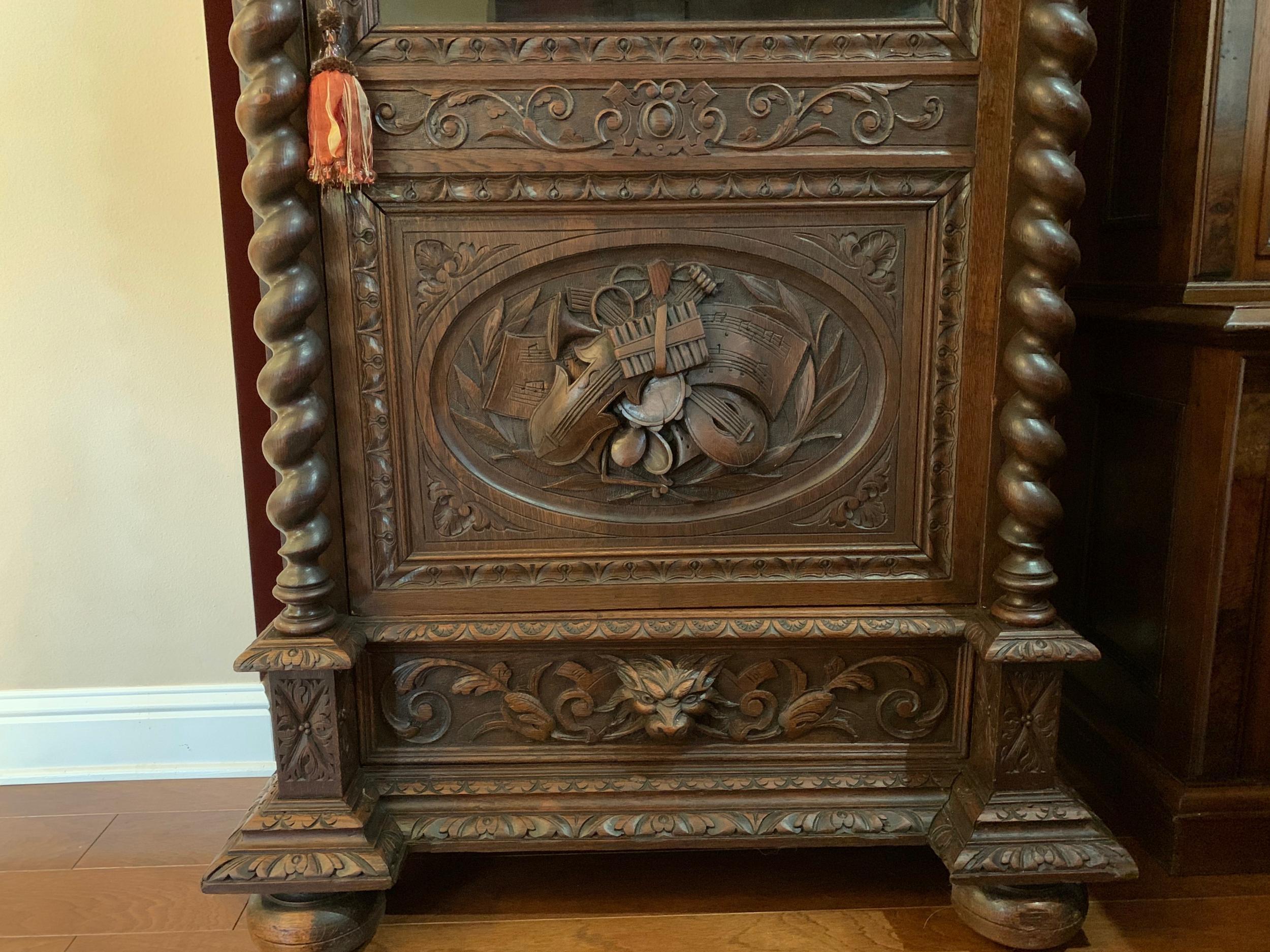 Antique French Carved Oak Vitrine Cabinet Bookcase Barley Twist Renaissance 1