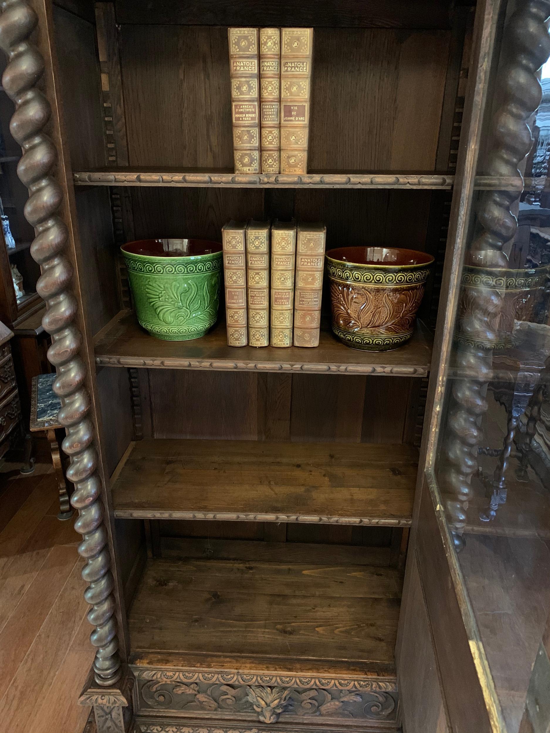 Antique French Carved Oak Vitrine Cabinet Bookcase Barley Twist Renaissance 2