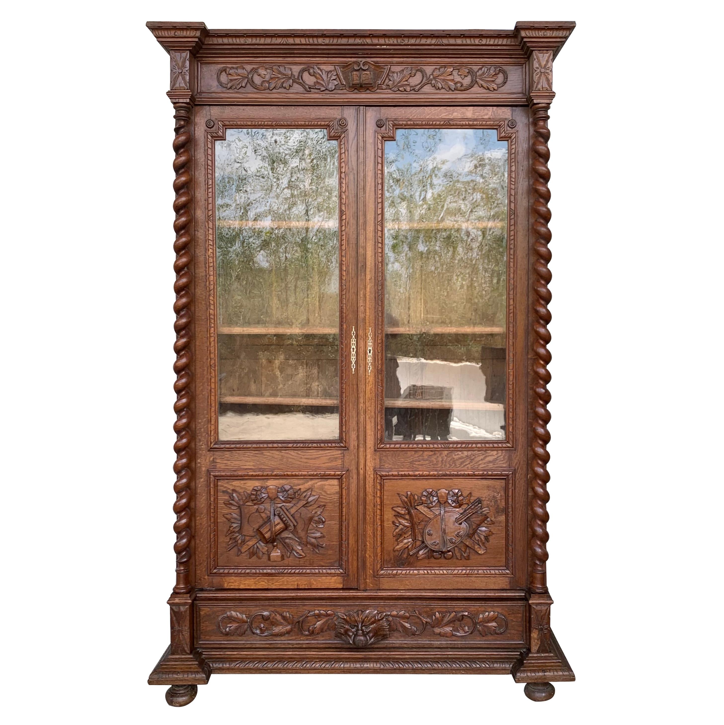 Antique French Carved Oak Vitrine Cabinet Bookcase Barley Twist Renaissance For Sale