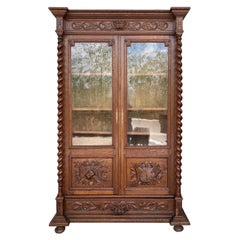 Antique French Carved Oak Vitrine Cabinet Bookcase Barley Twist Renaissance