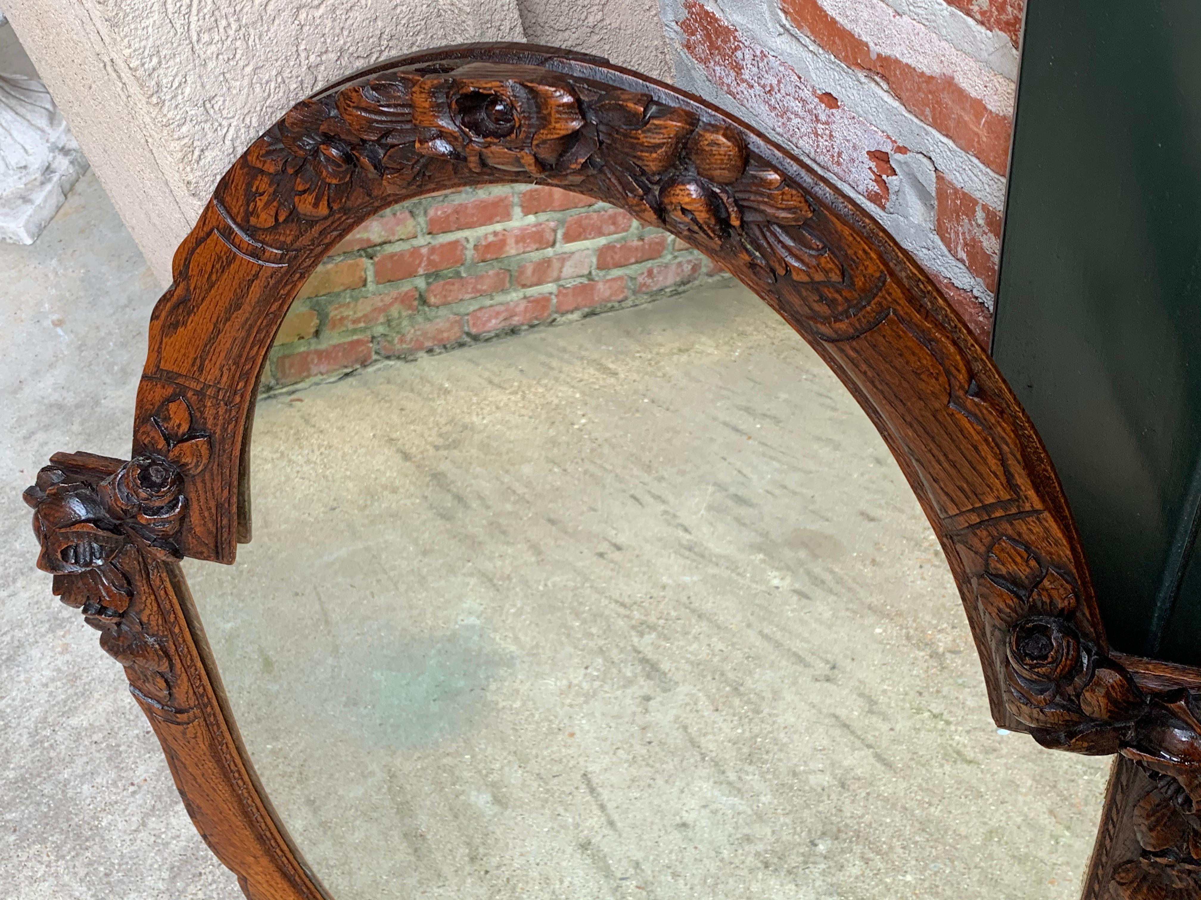 Antique French Carved Oak Wall Mirror Frame Baroque Renaissance Floral Oval 8