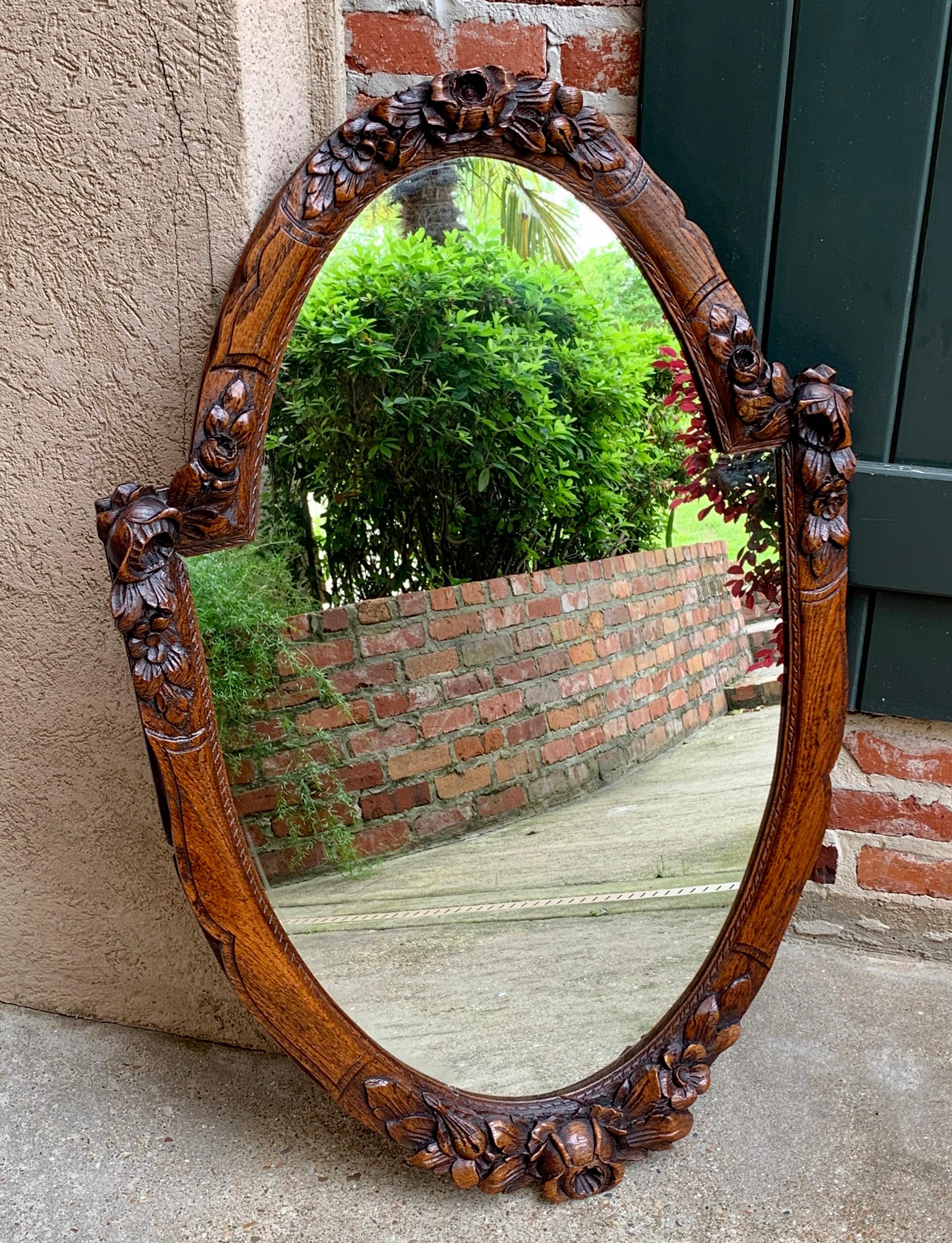 Renaissance Revival Antique French Carved Oak Wall Mirror Frame Baroque Renaissance Floral Oval