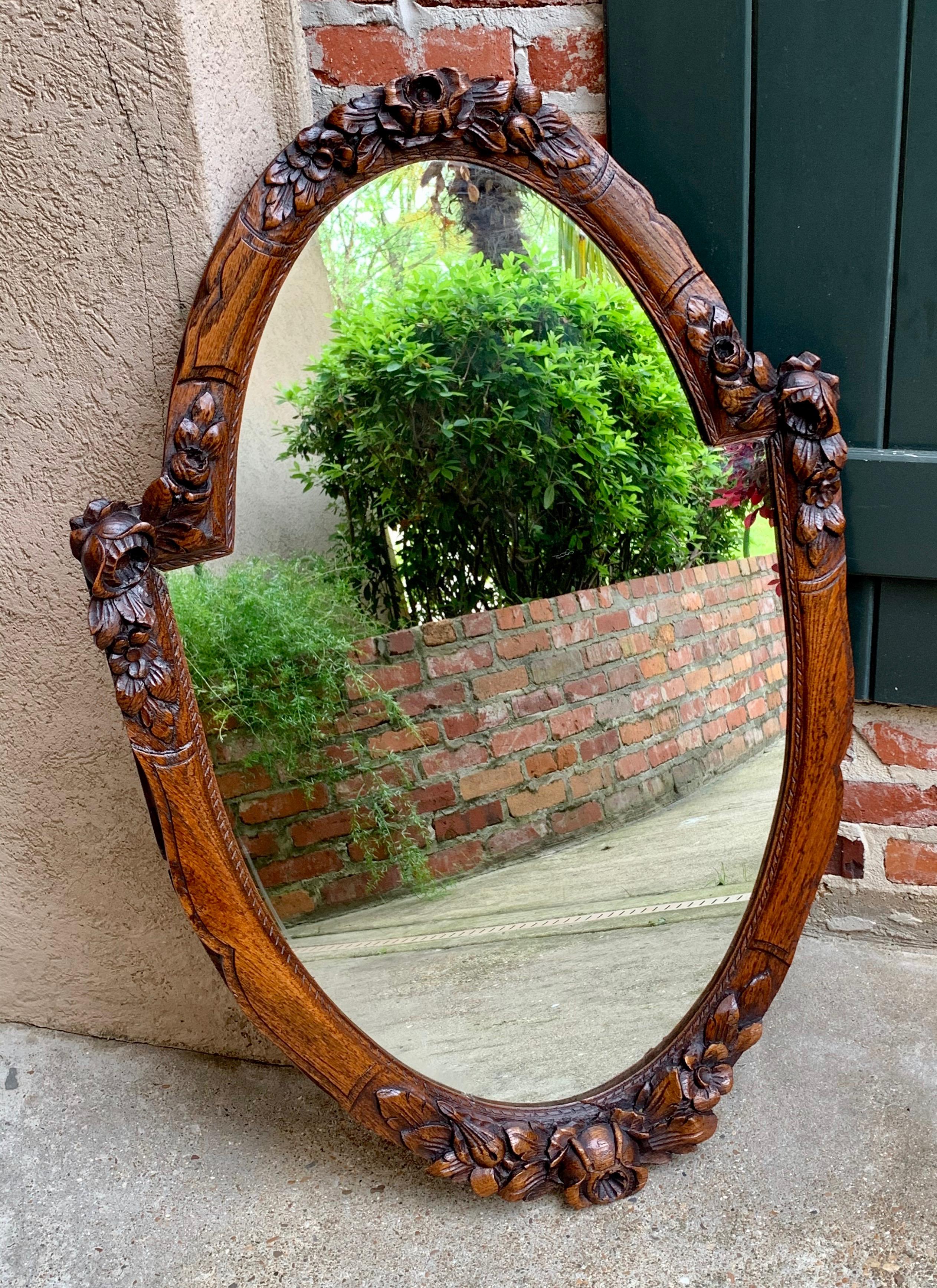 Hand-Carved Antique French Carved Oak Wall Mirror Frame Baroque Renaissance Floral Oval