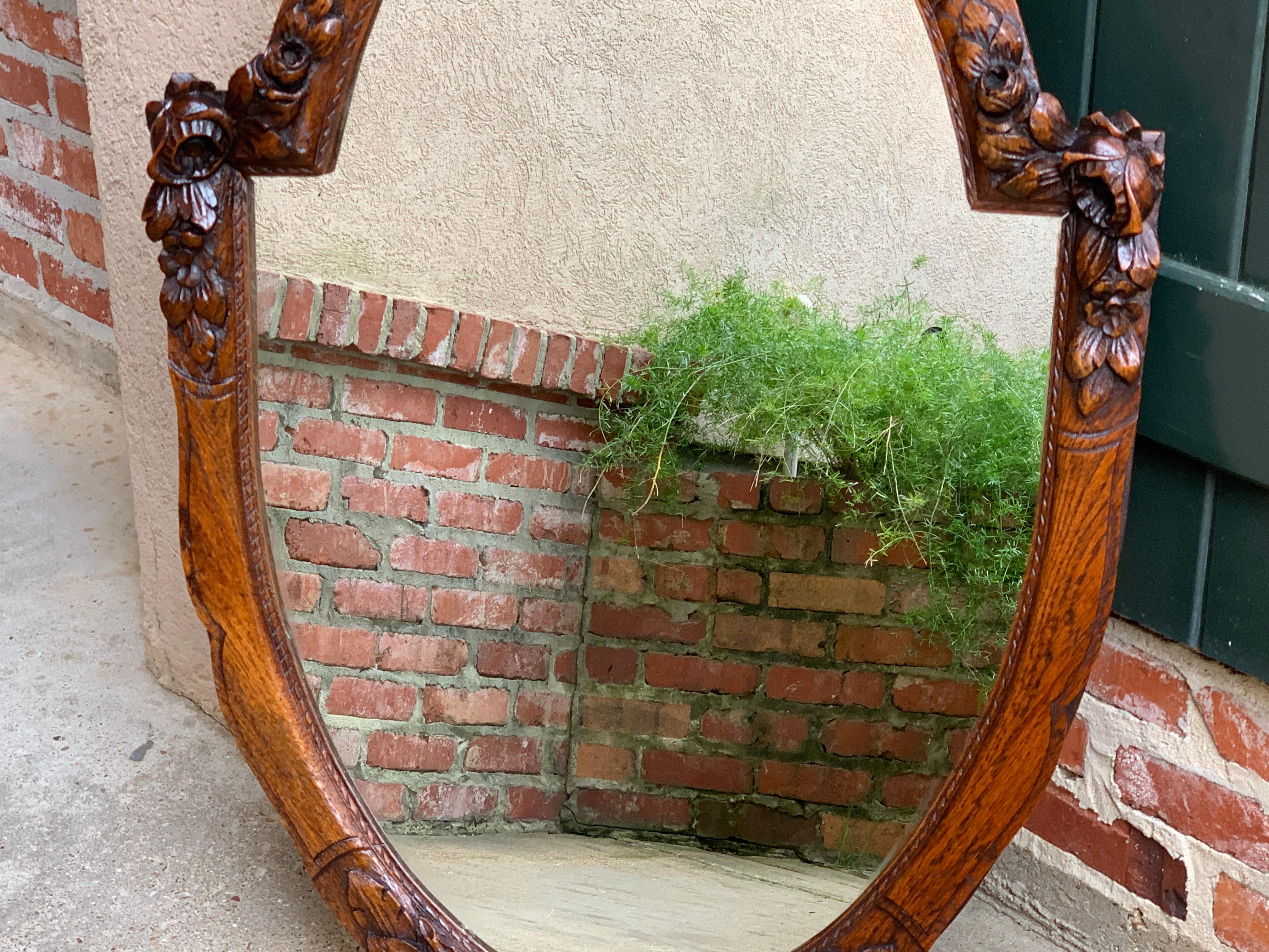 Antique French Carved Oak Wall Mirror Frame Baroque Renaissance Floral Oval In Good Condition In Shreveport, LA