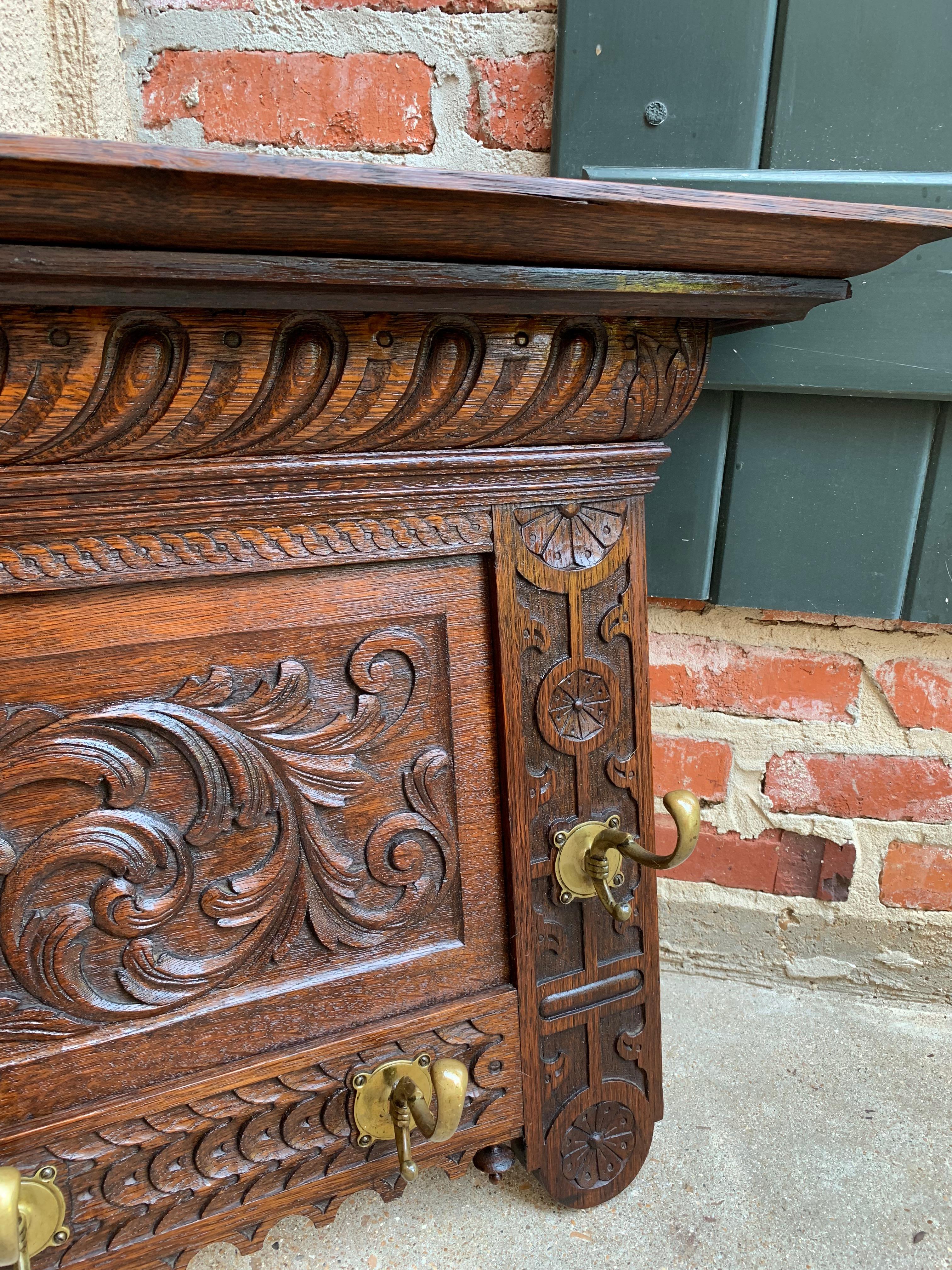 Antique French Carved Oak Wall Shelf Coat Hat Plate Rack Brass Renaissance 5