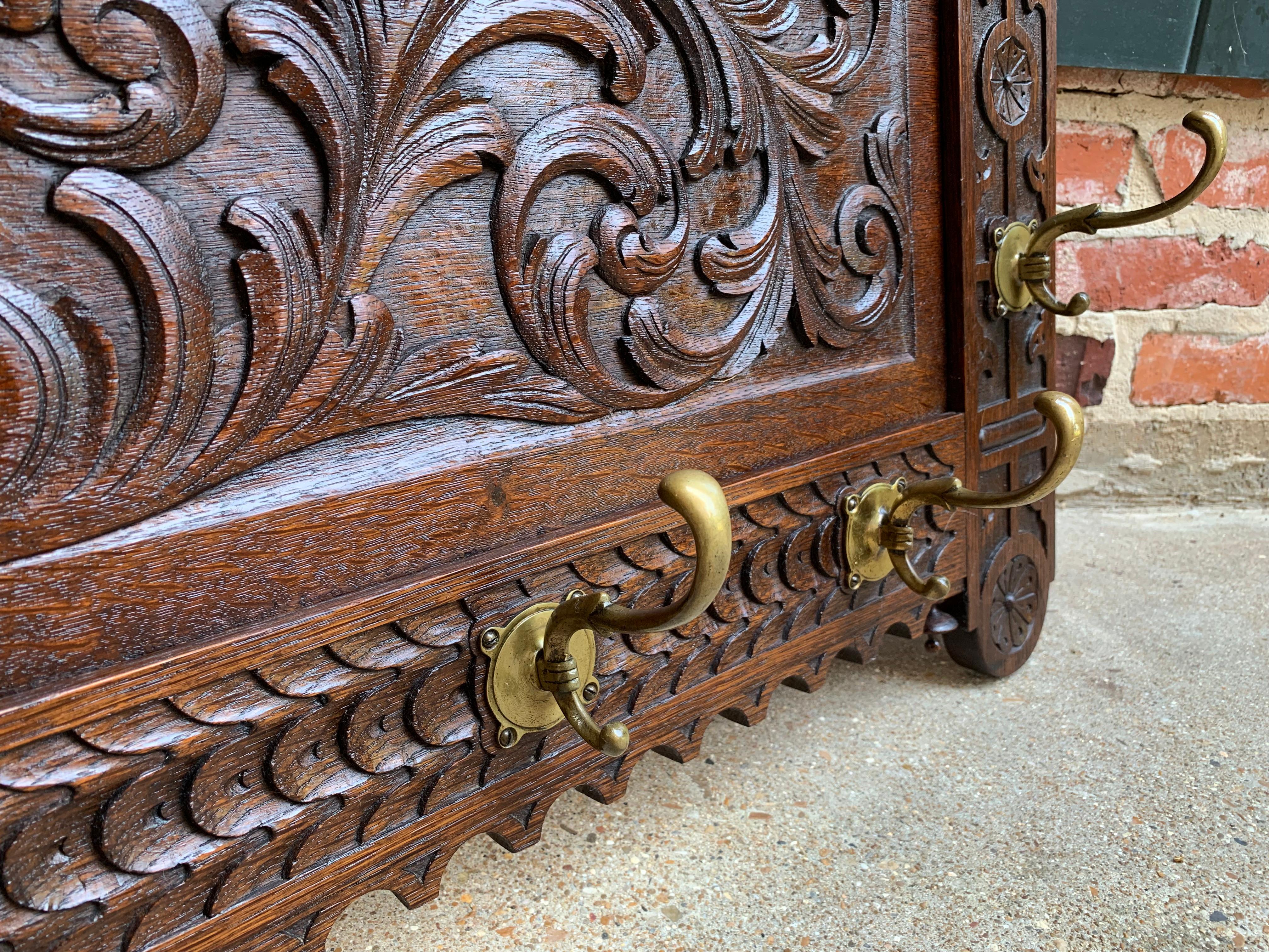 Antique French Carved Oak Wall Shelf Coat Hat Plate Rack Brass Renaissance 6