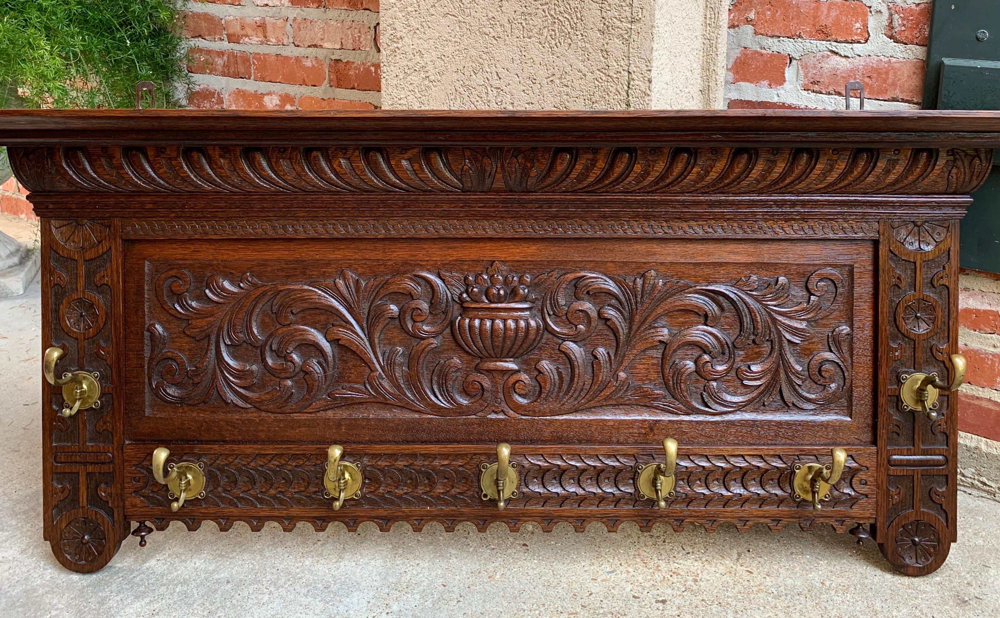 Renaissance Revival Antique French Carved Oak Wall Shelf Coat Hat Plate Rack Brass Renaissance