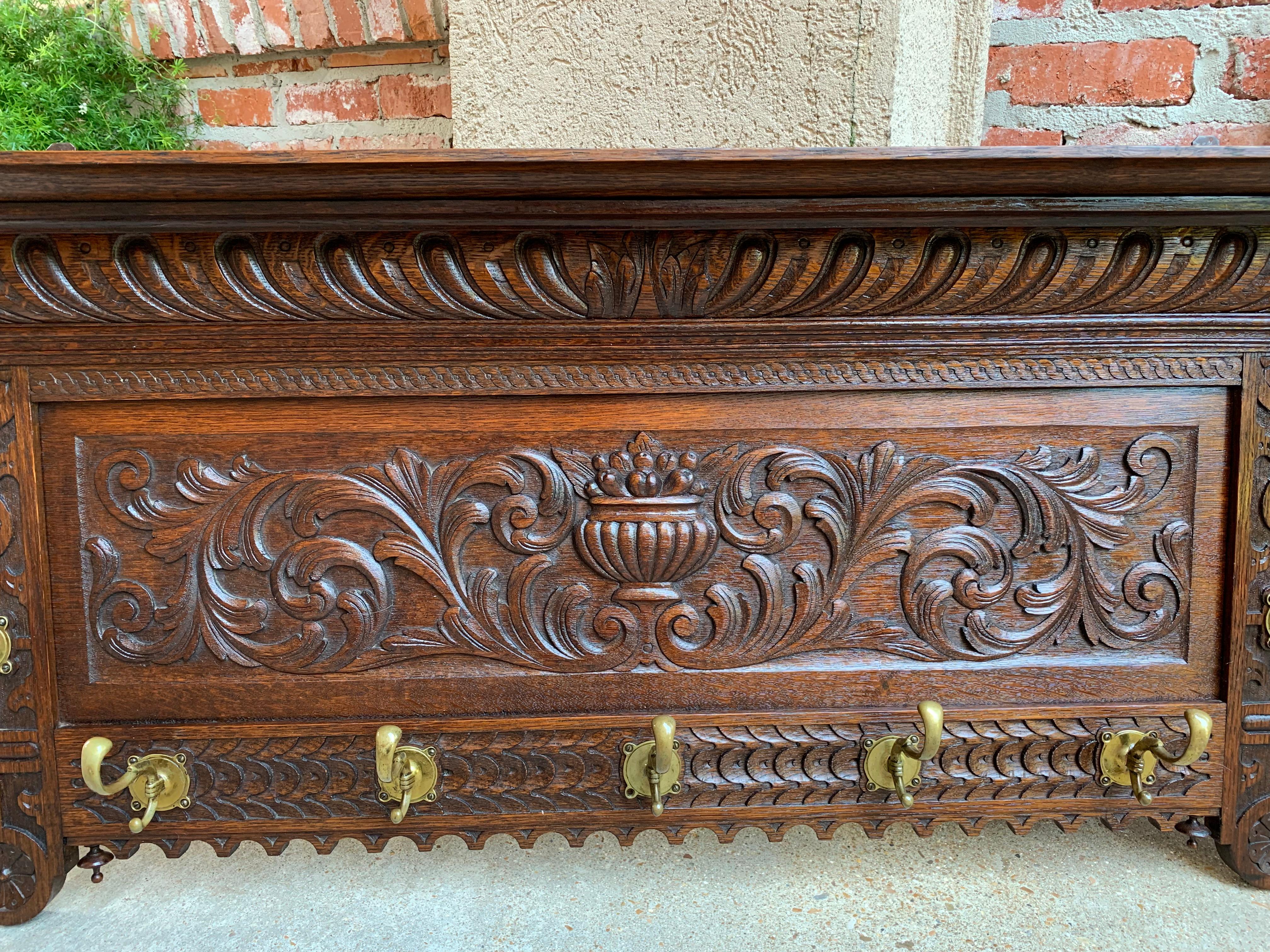 20th Century Antique French Carved Oak Wall Shelf Coat Hat Plate Rack Brass Renaissance