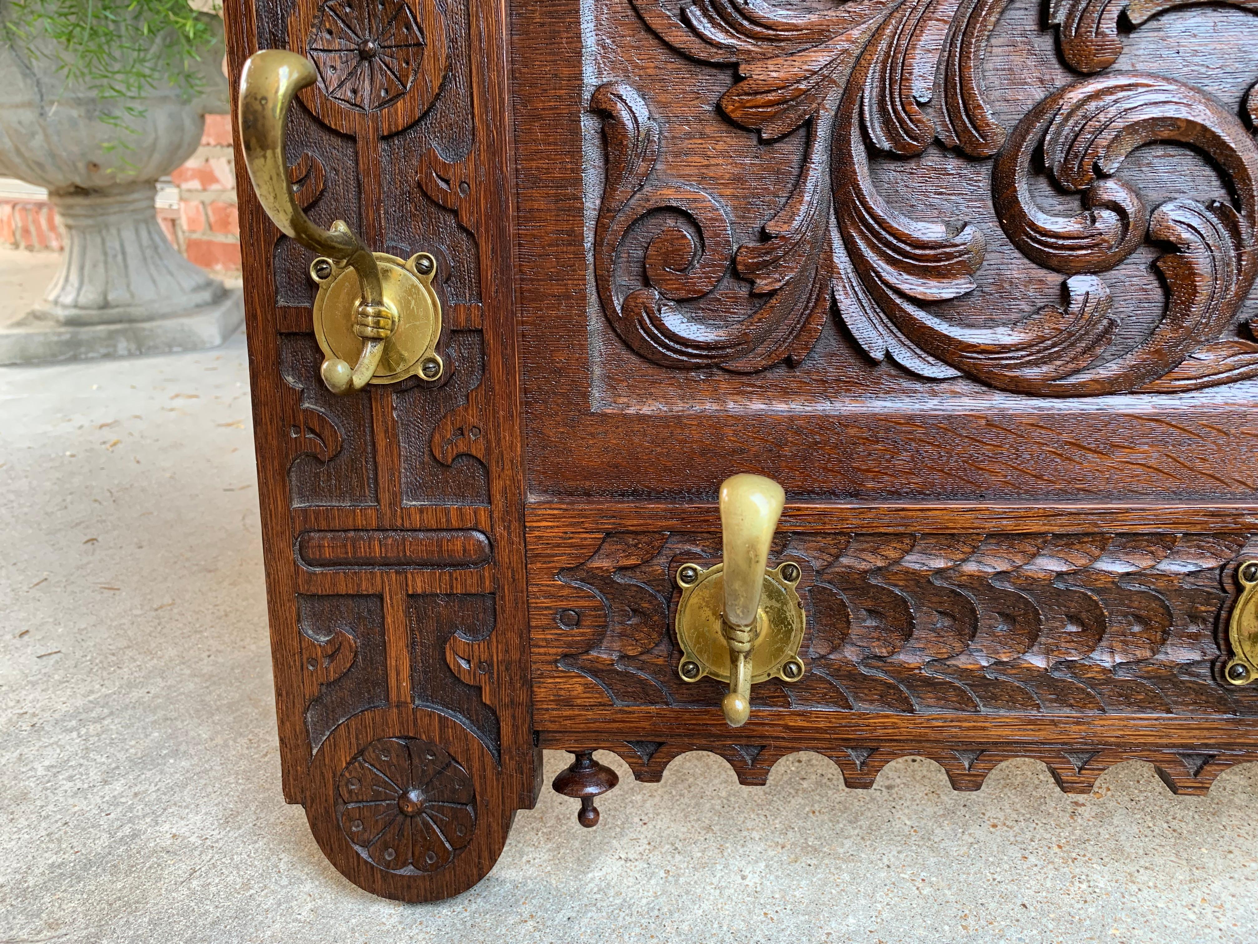 Antique French Carved Oak Wall Shelf Coat Hat Plate Rack Brass Renaissance 1