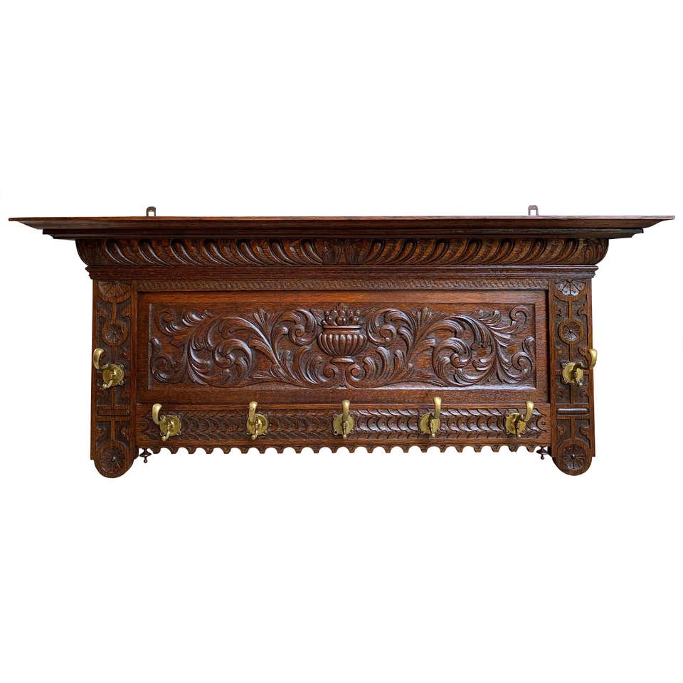 Antique French Carved Oak Wall Shelf Coat Hat Plate Rack Brass ...