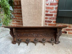 Antique French Carved Oak Wall Shelf Coat Hat Plate Rack Kitchen Display Brass