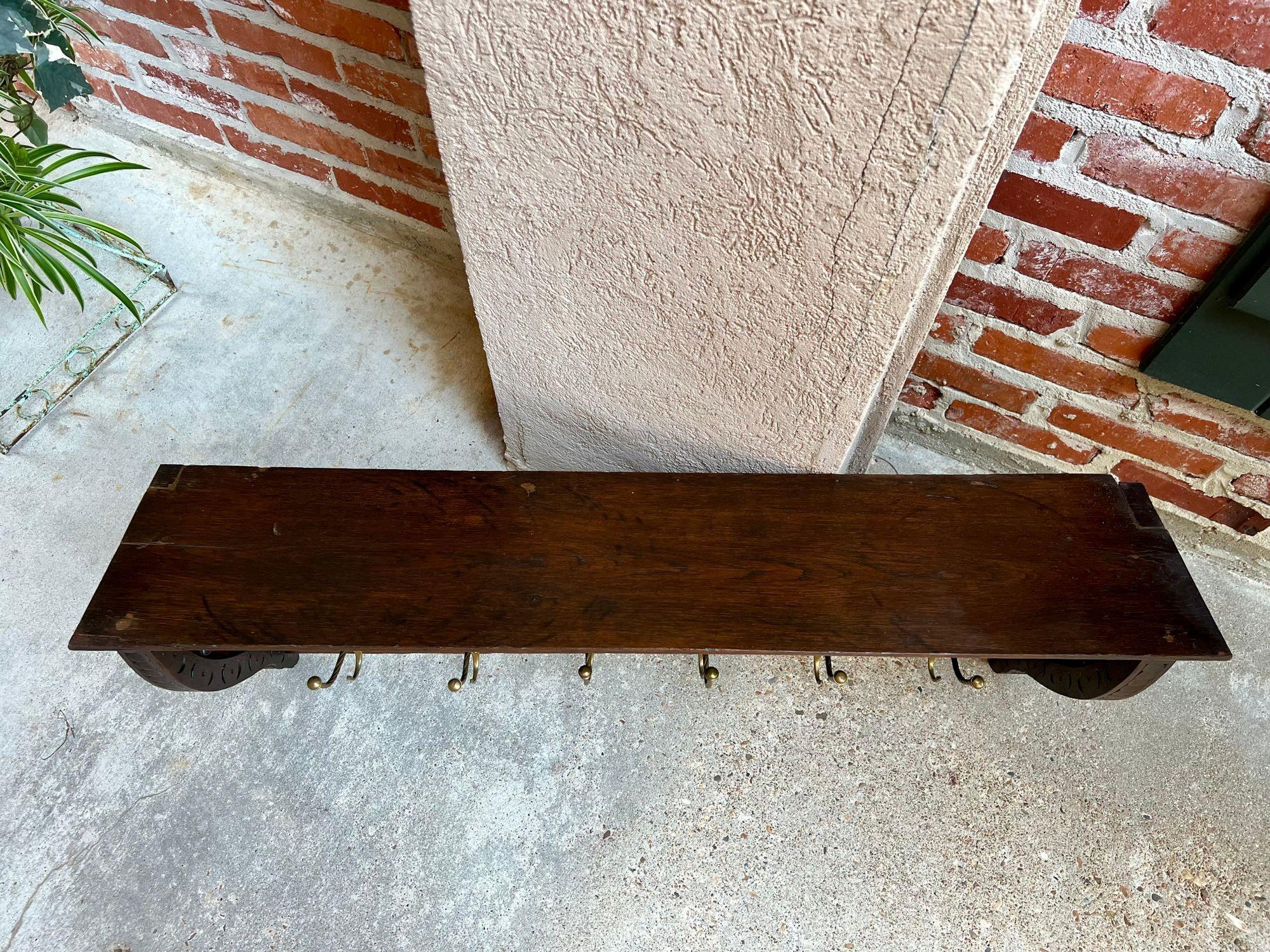 Antique French Carved Oak Wall Shelf Coat Hat Rack Farmhouse Kitchen Brass Hooks 4